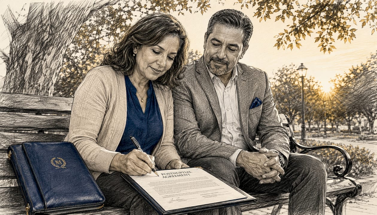 Couple signing postnuptial agreement document