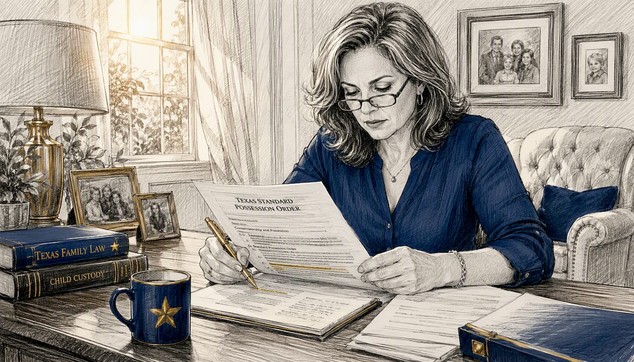 Woman reviewing Texas custody documents at desk