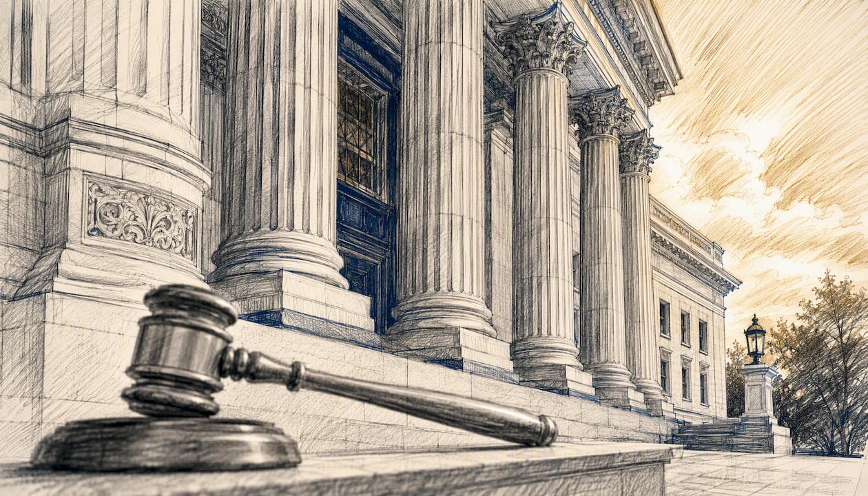 Close-up courthouse door detail with gavel
