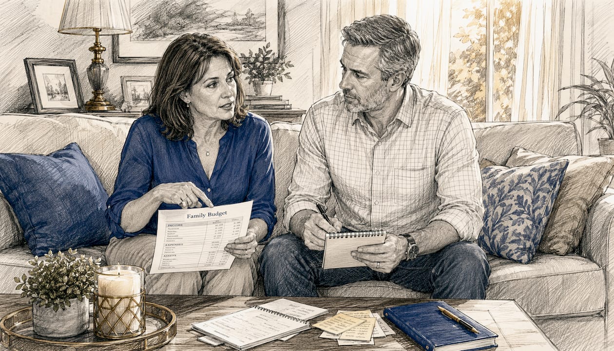 Couple discussing finances at home office table