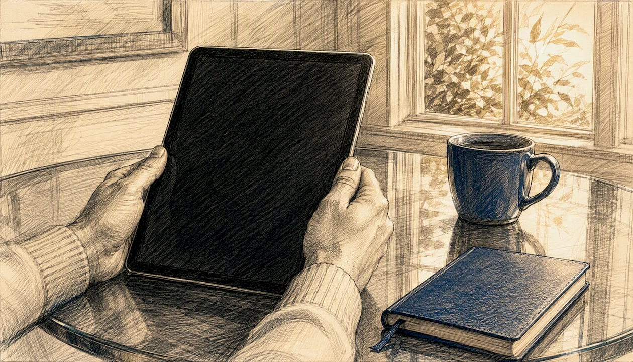 Hands holding tablet device off