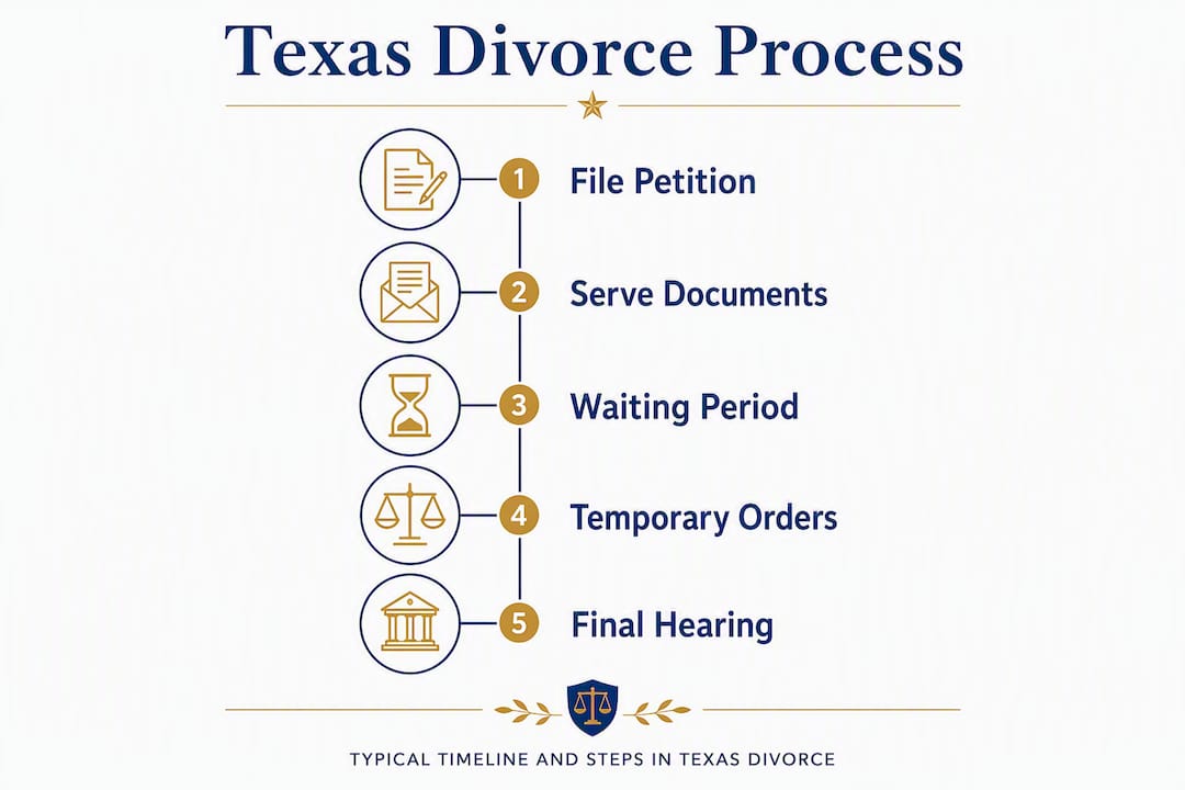 Infographic showing divorce process steps and timeline in Texas