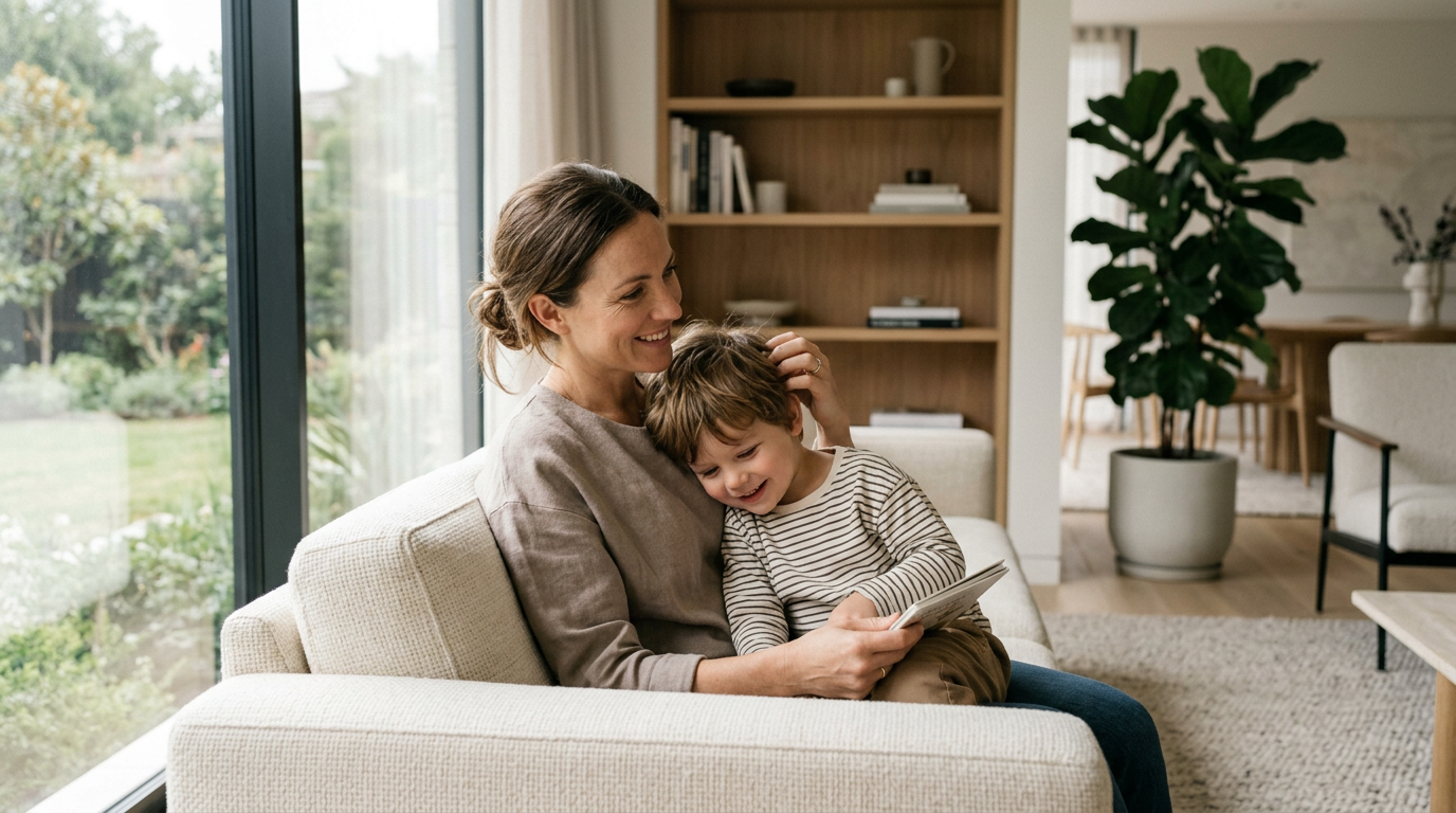 A mother and her young son reading together at home