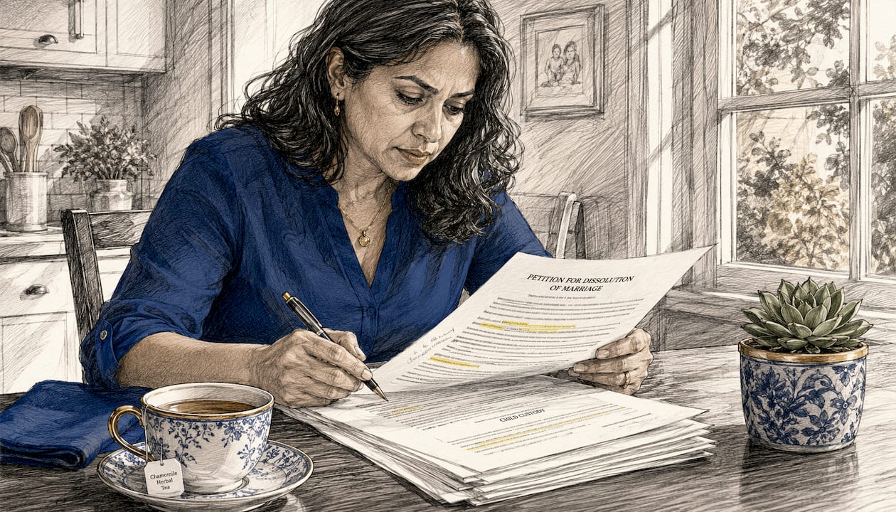 Person reviewing divorce paperwork at desk