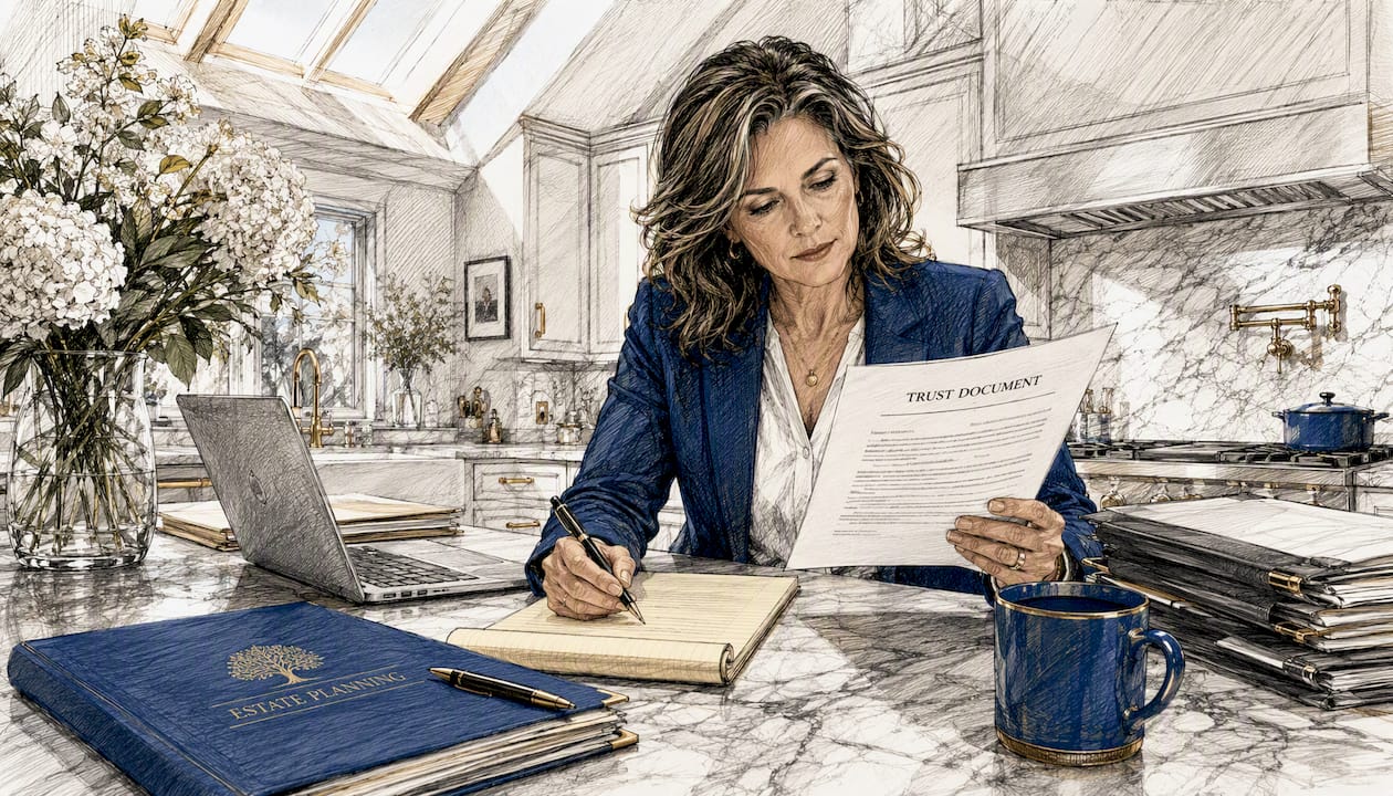 Woman reviewing trust documents at desk