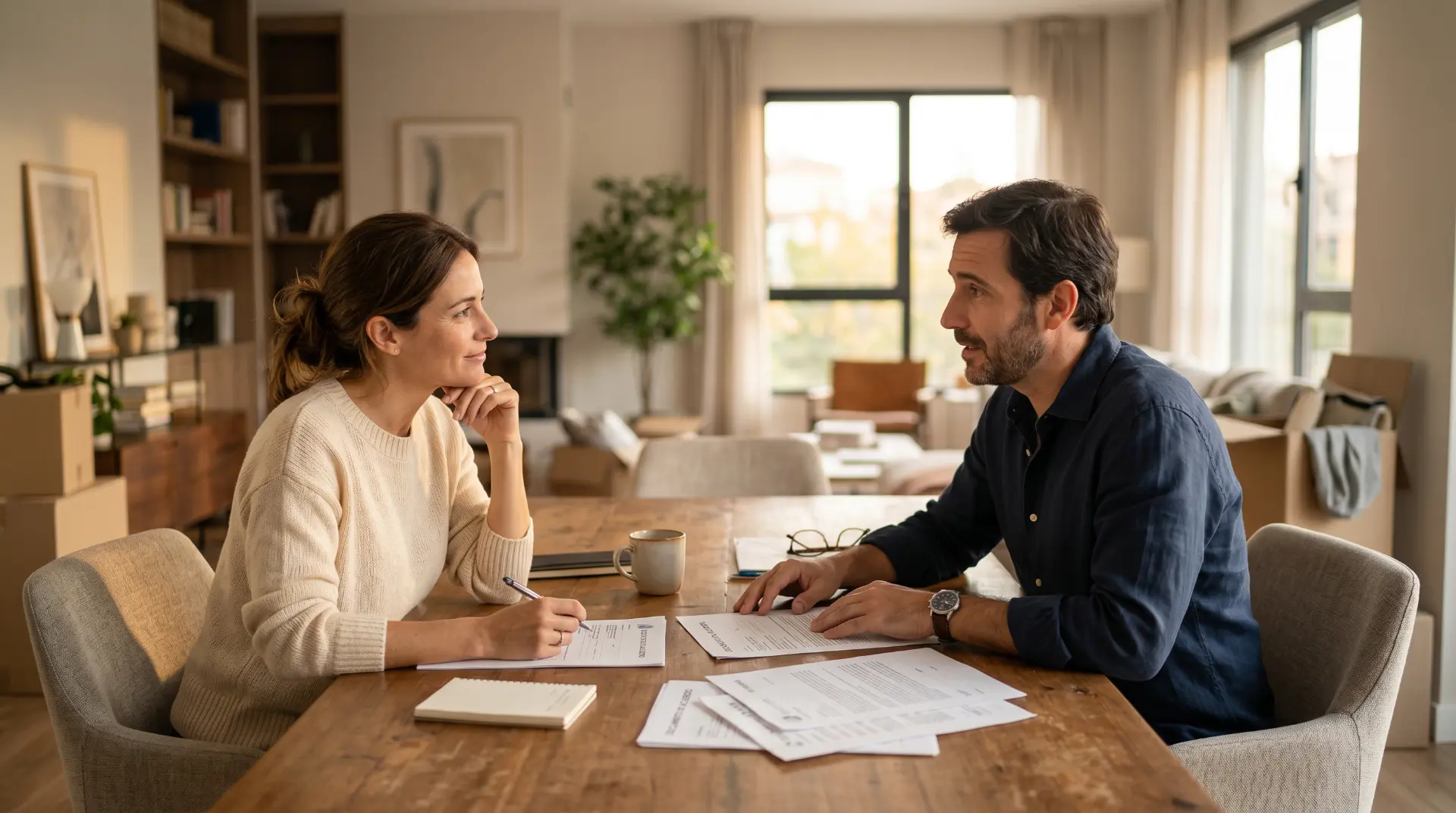 A couple sitting at a table with an attorney, reviewing family law documents together