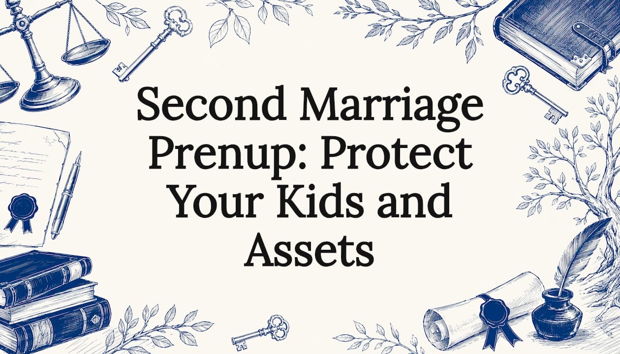 Decorative title card with legal and family icons