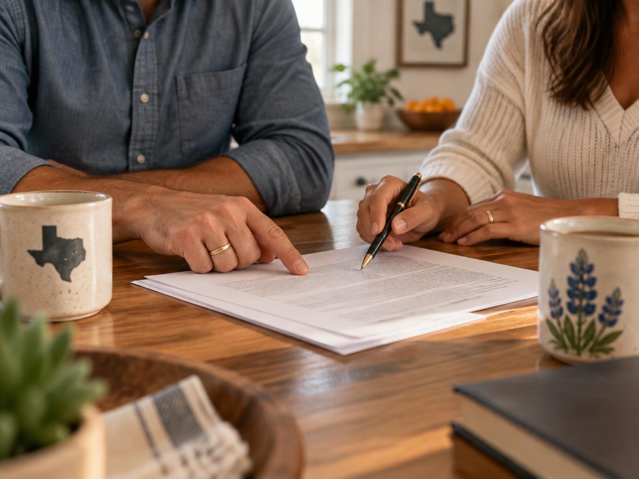 A married couple’s hands with wedding bands reviewing a legal document at a wooden kitchen table