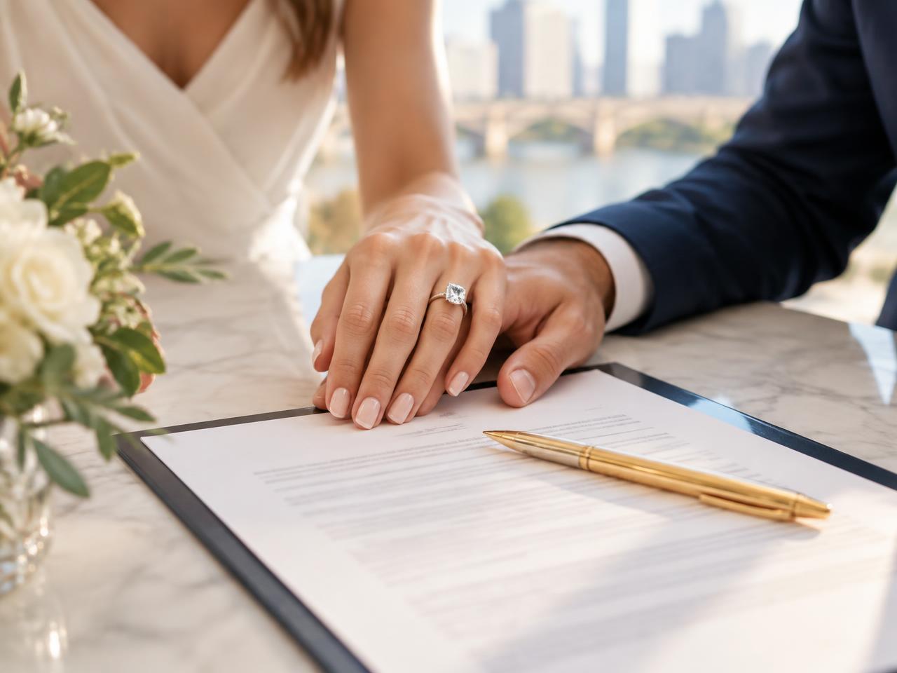 An engaged couple’s hands, one with an engagement ring, resting on an agreement beside a gold pen