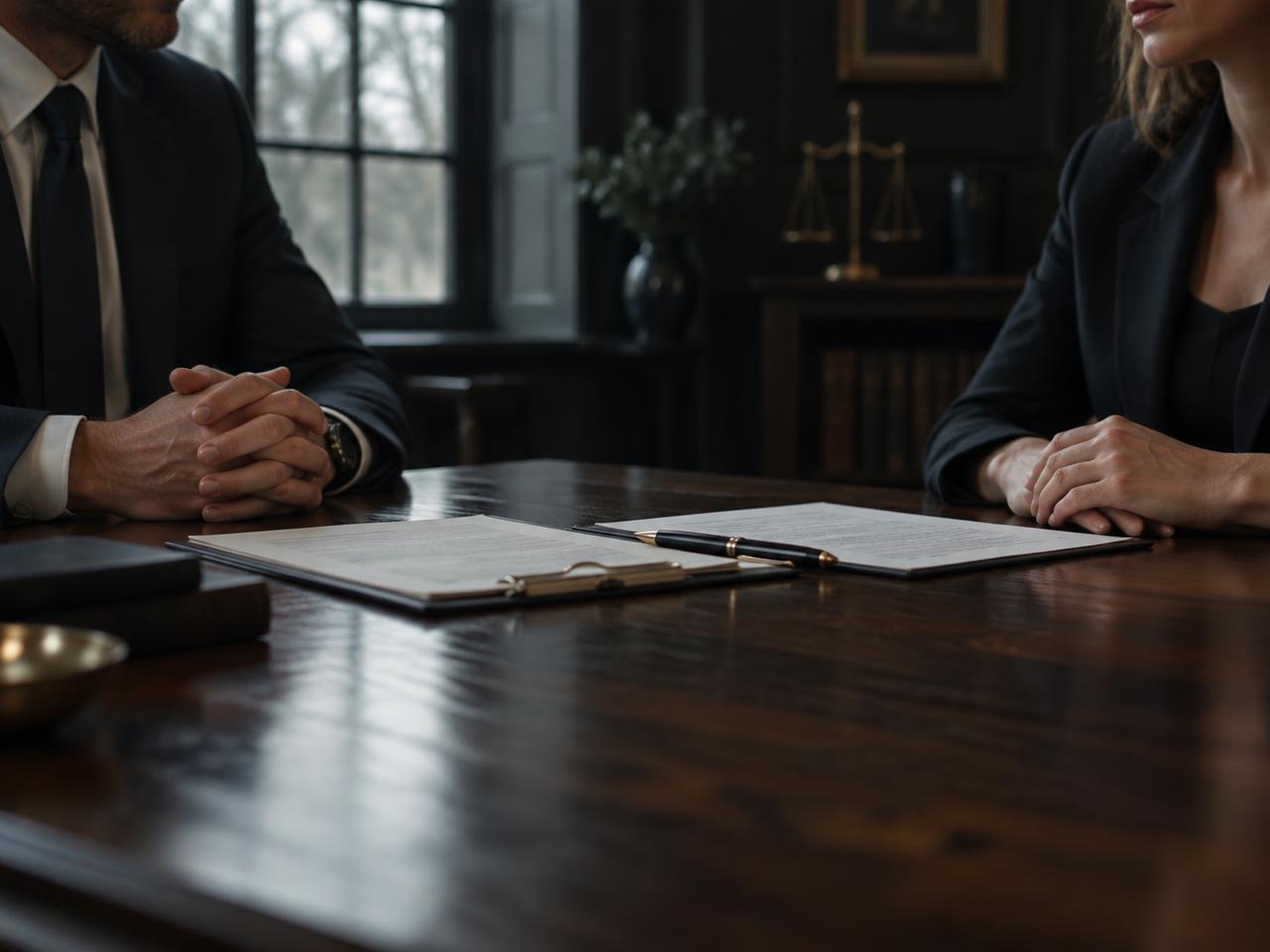 A husband and wife seated across a dark wooden table with legal papers between them