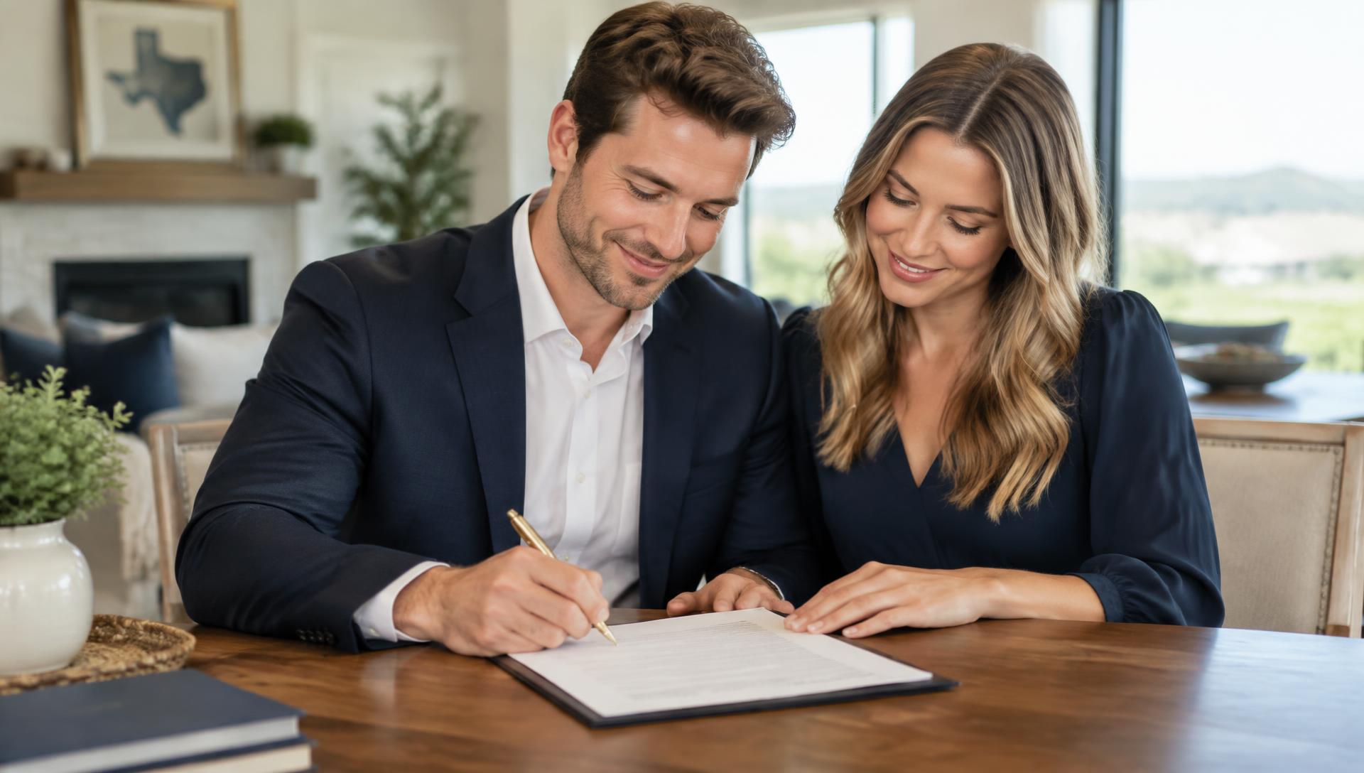 A couple smiling as they review and sign an agreement together at a wooden table in their Texas home