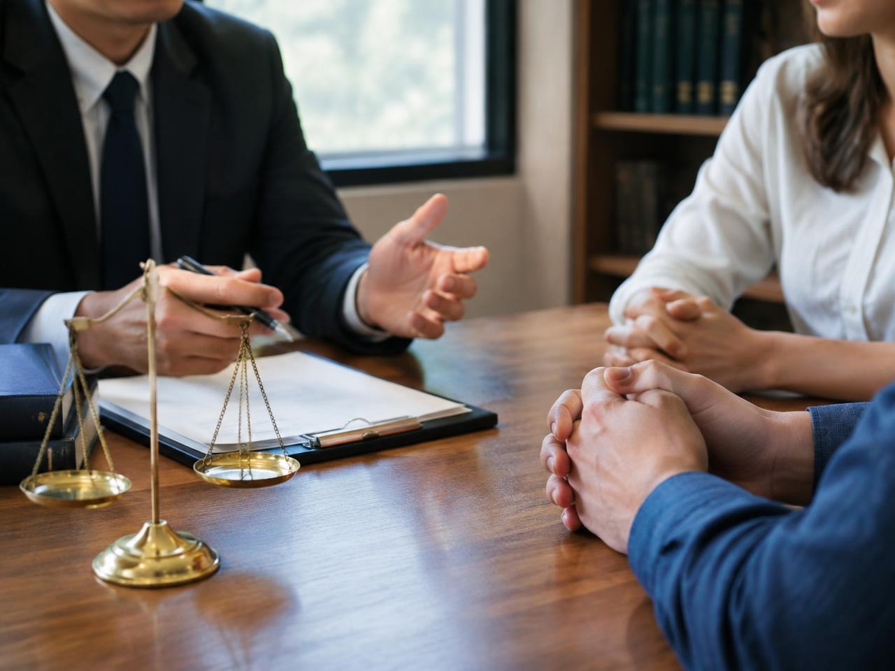An attorney talking with a couple across a wooden desk beside brass scales of justice