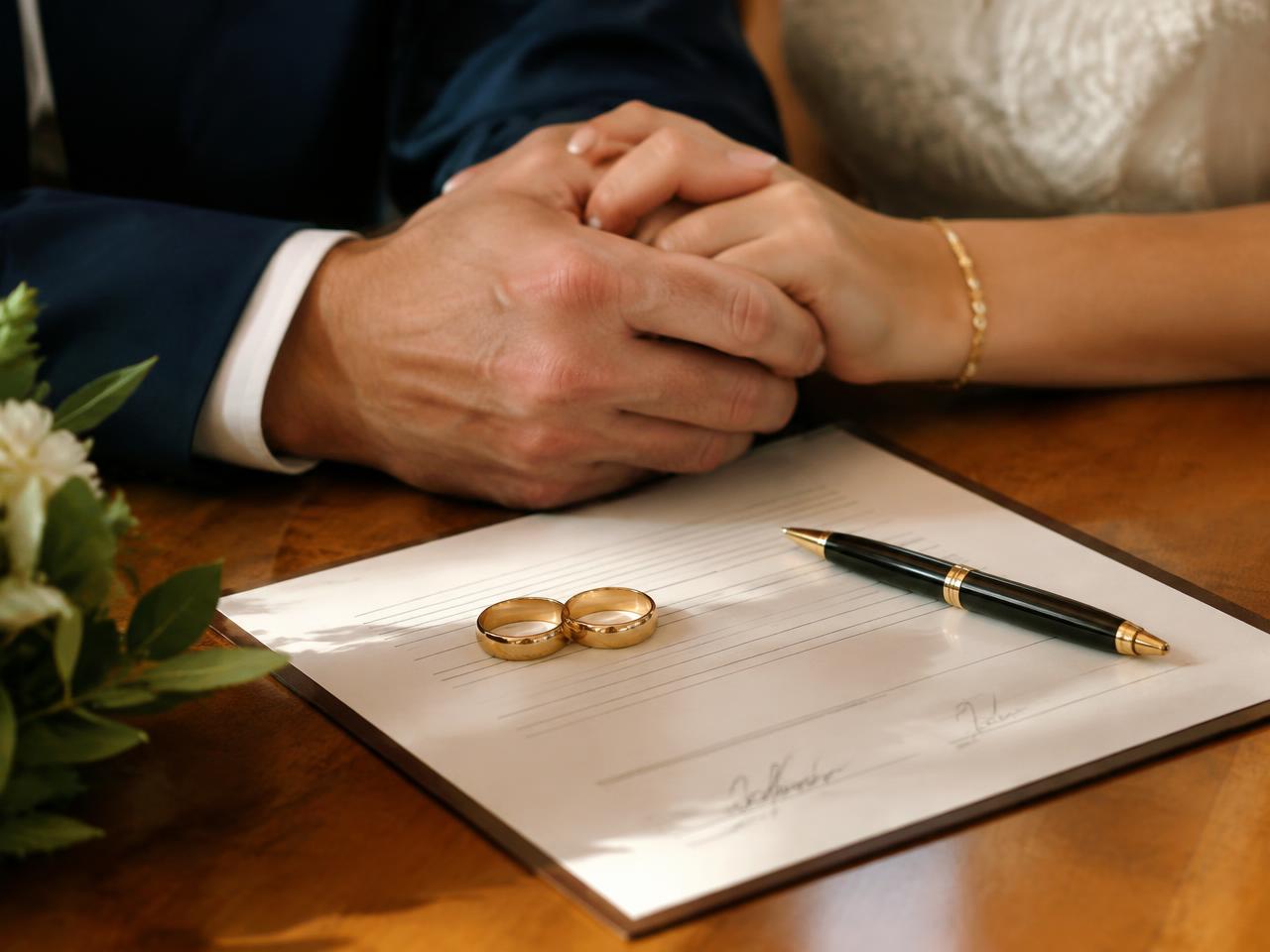 A couple holding hands beside a signed agreement with two gold wedding rings and a pen