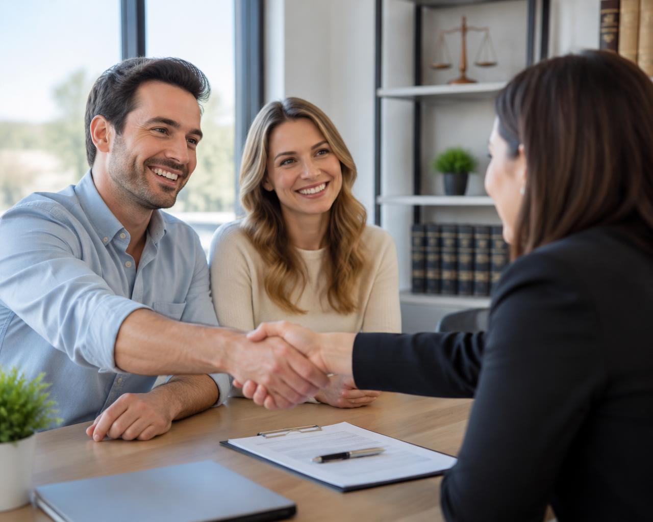 A smiling engaged couple shaking hands with their attorney across a law office table