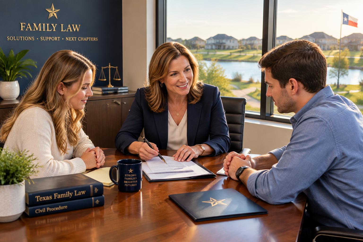 An attorney walking with a client near a lakeside path
