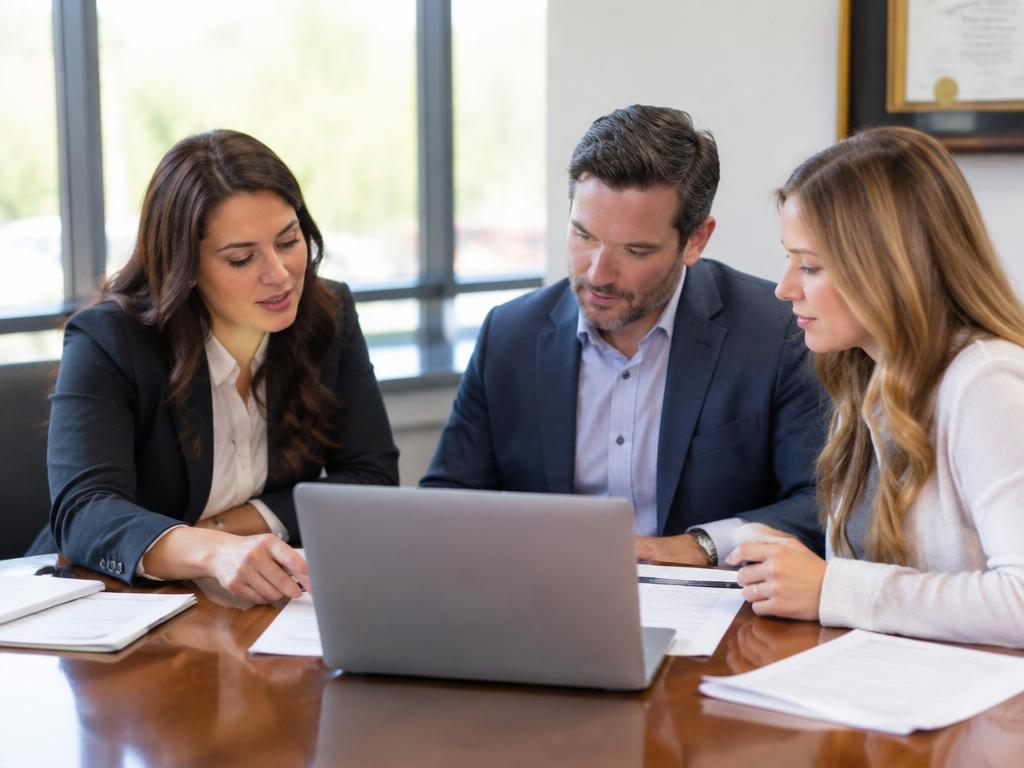Attorney and clients reviewing documents together at a conference table