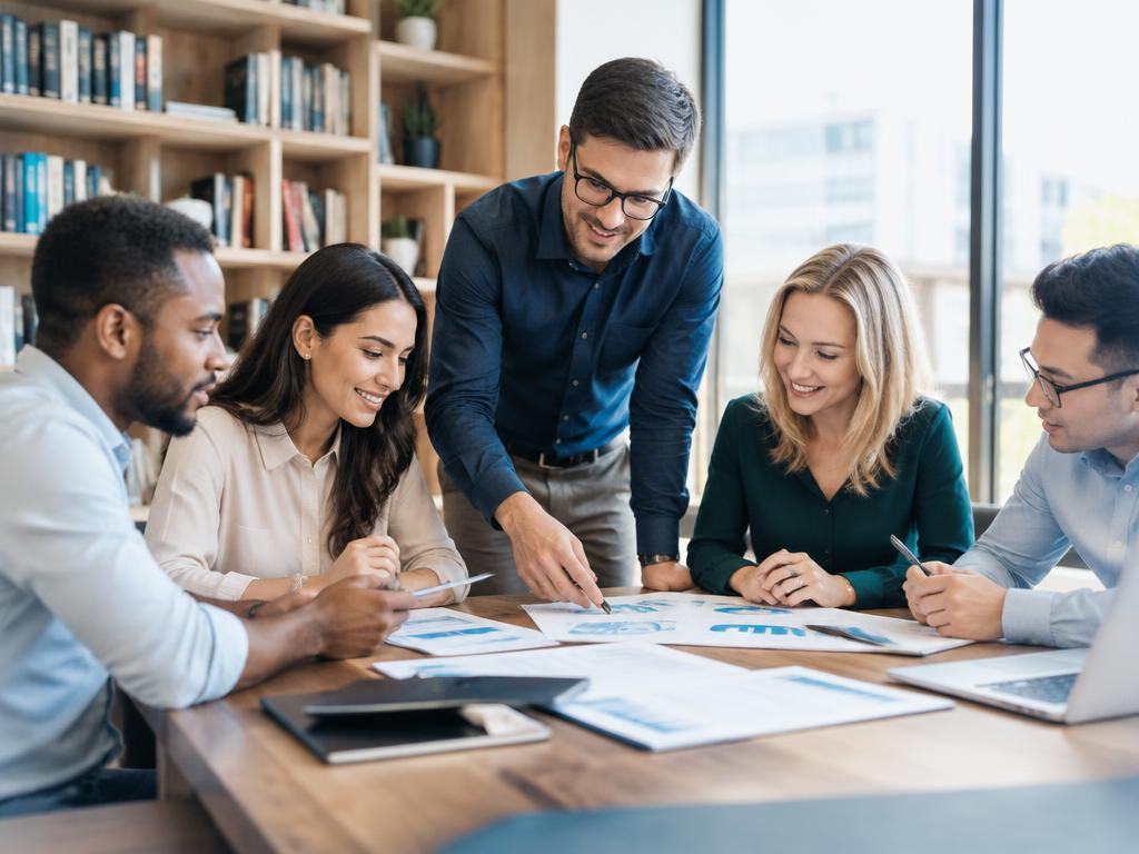 A collaborative team meeting around a table