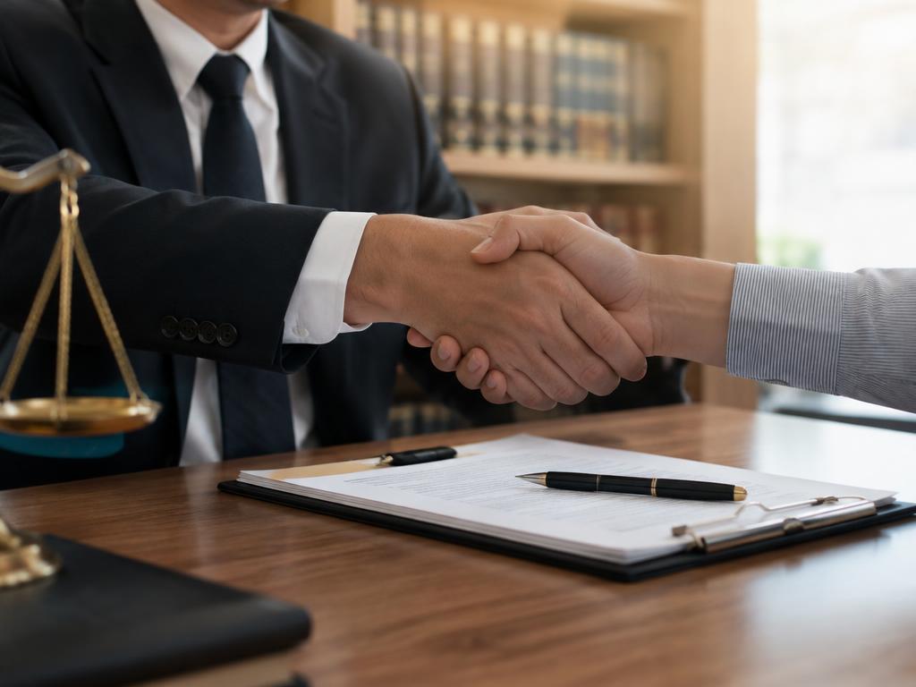 Attorney and client shaking hands over a desk with legal documents