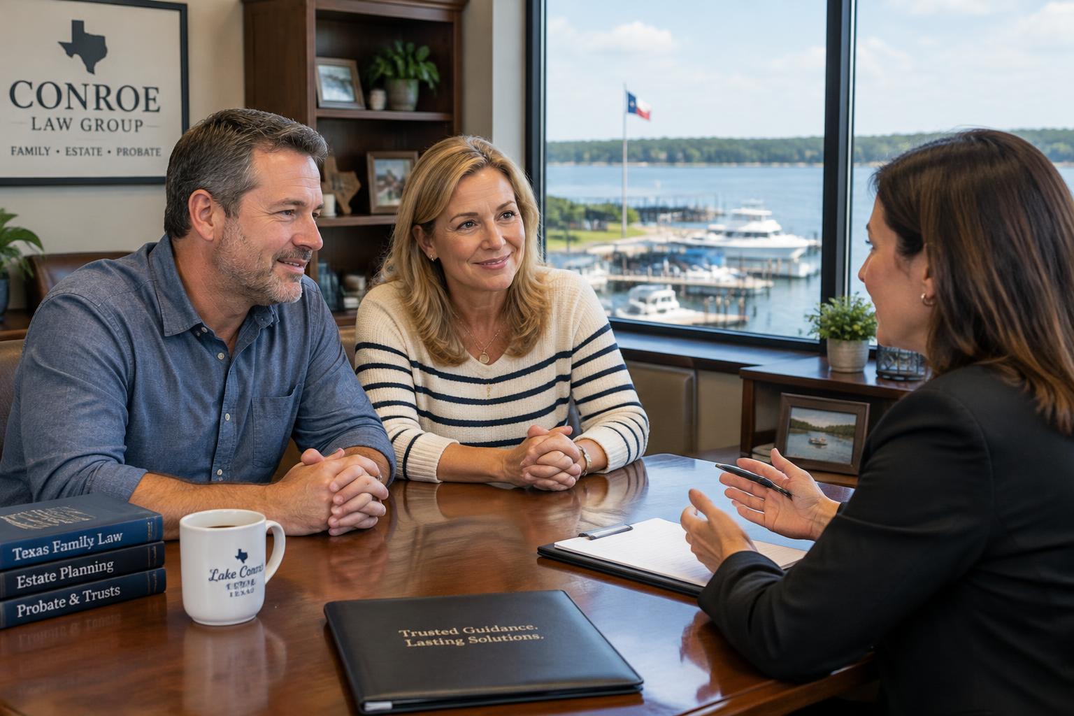An attorney meeting with a couple in a bright office