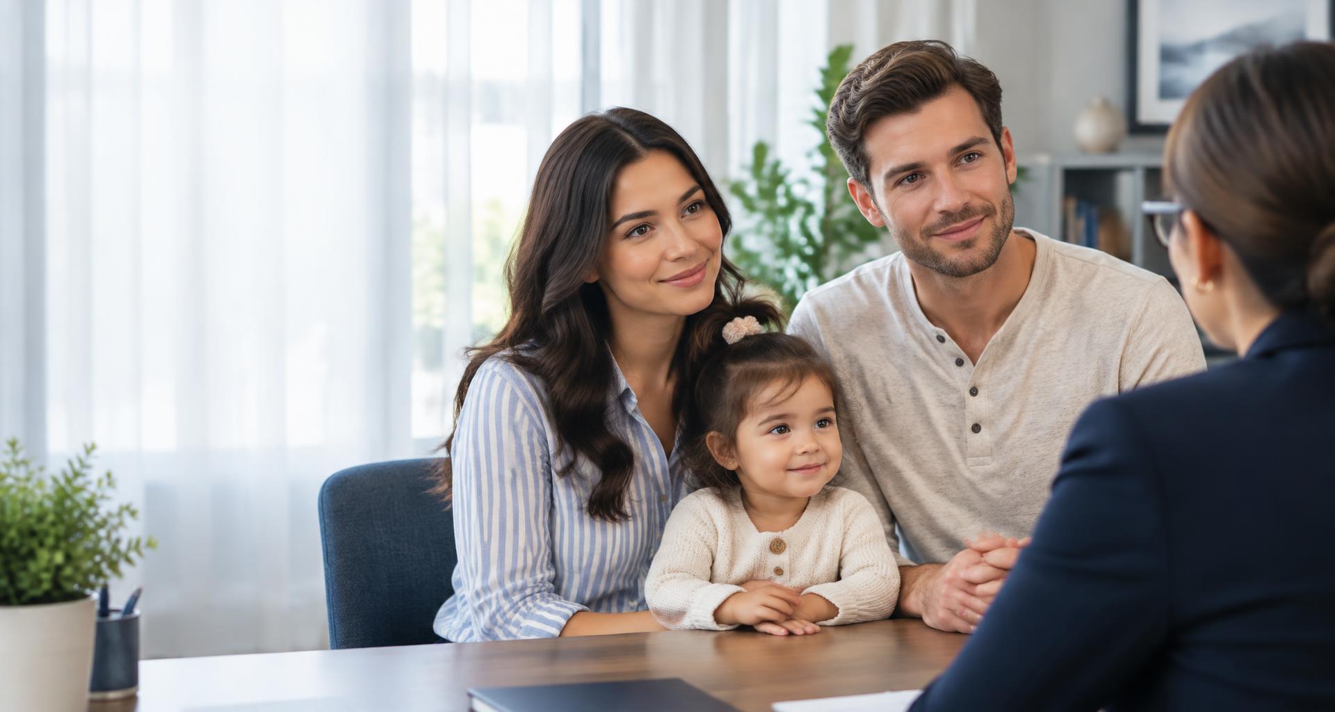 A couple with their young daughter meeting with their family attorney