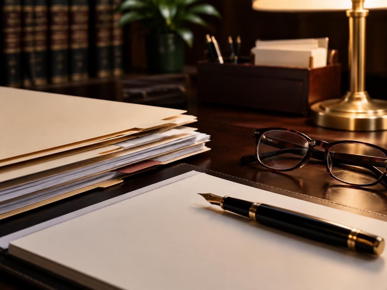 Neatly organized case files, a fountain pen, and glasses on an attorney's desk