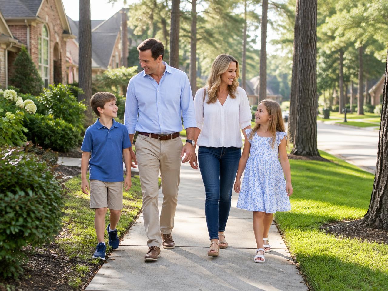 A family with two children walking on a tree-lined sidewalk in The Woodlands