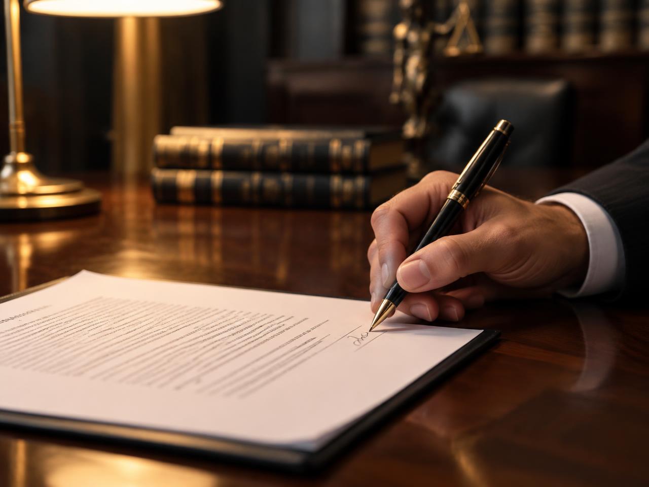 A hand with a gold-trimmed pen signing a petition on a polished desk