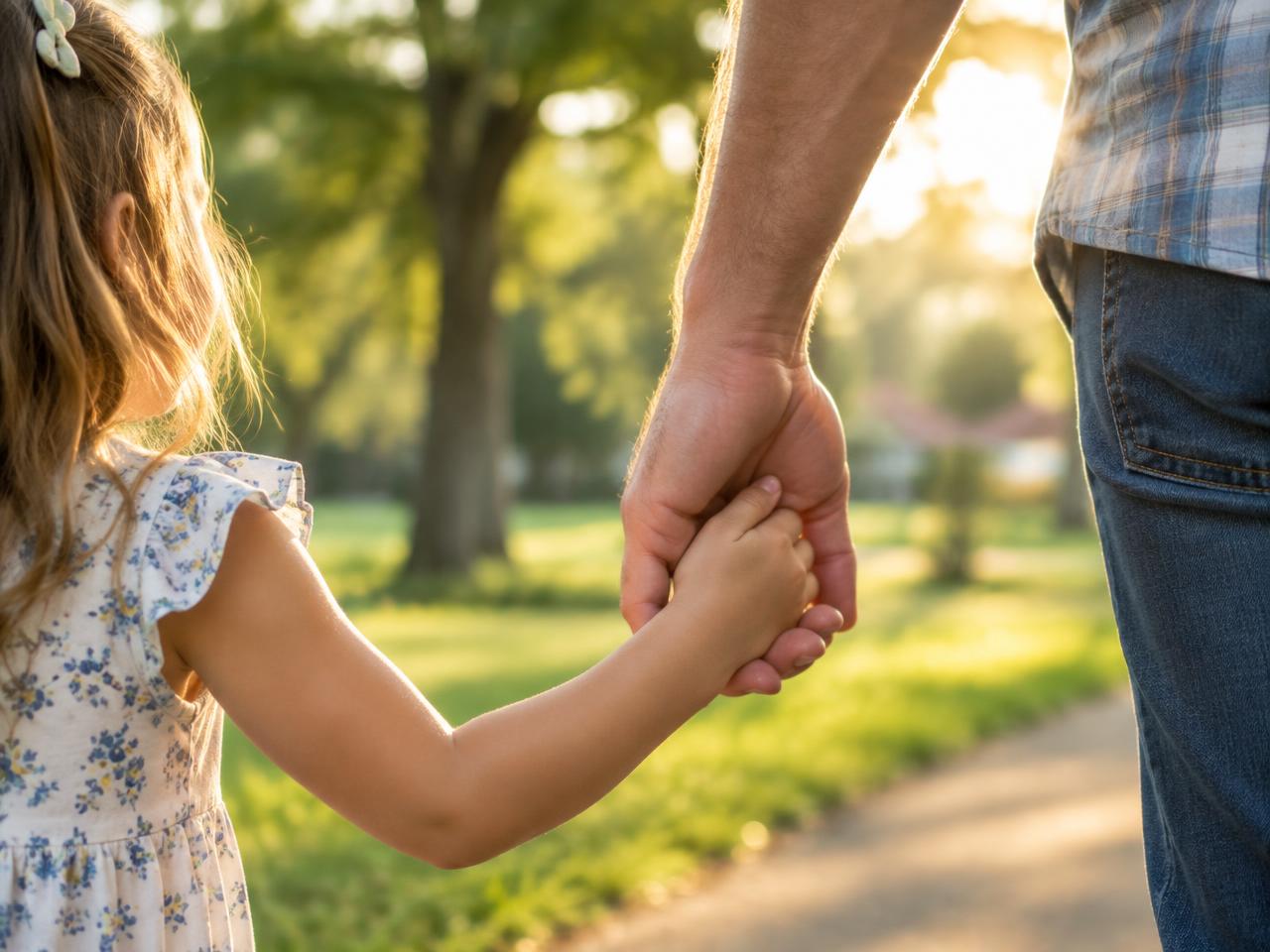 A father holding his young daughter's hand while walking in a sunny park