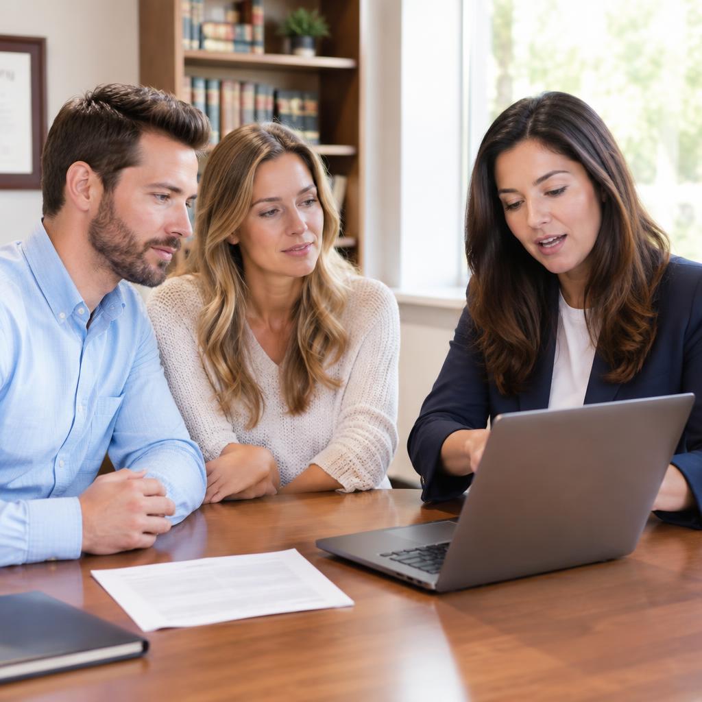 Attorney walking a couple through their case on a laptop