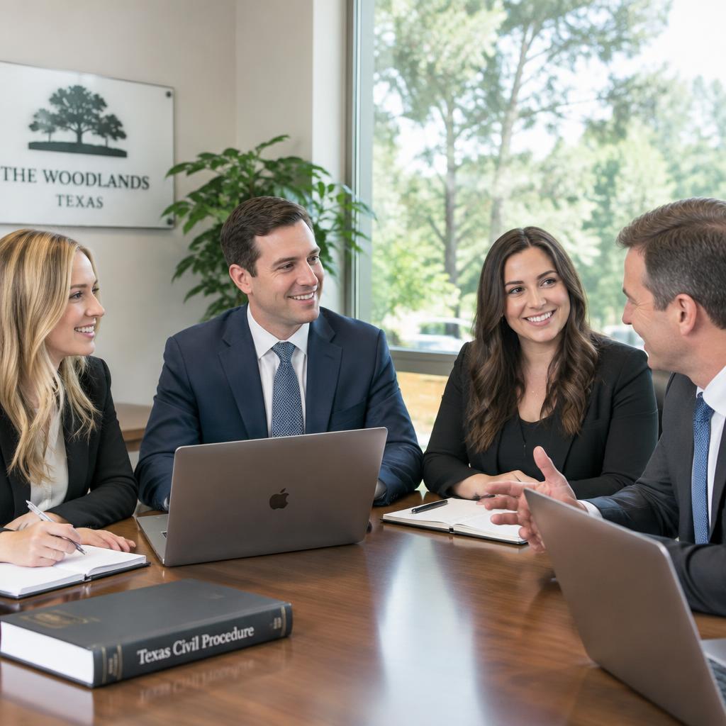 Legal team collaborating in a bright office in The Woodlands