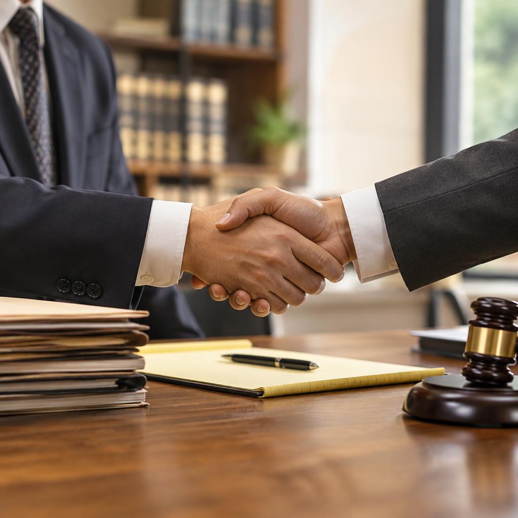 Handshake across a law office desk beside prepared case files