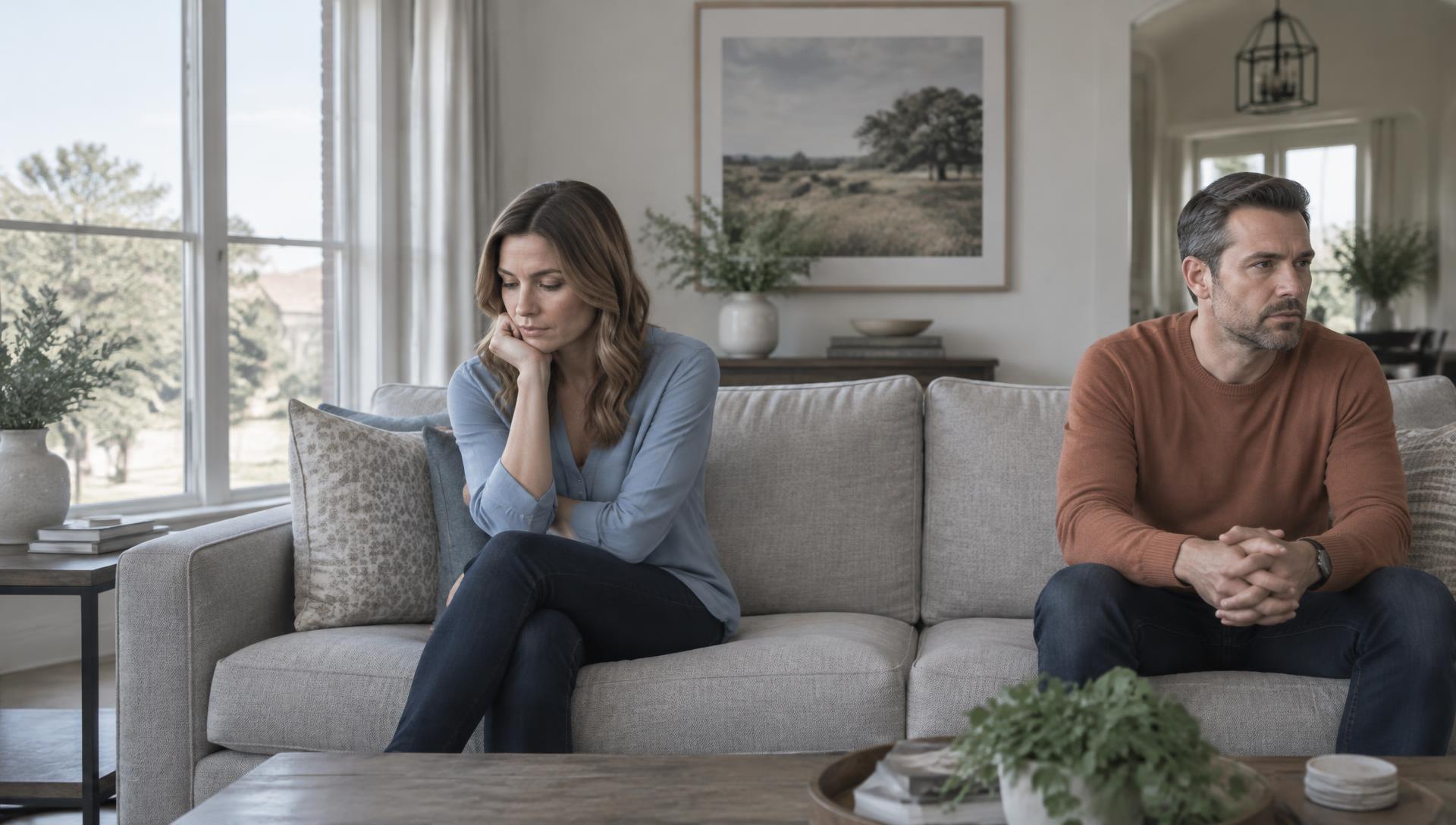 A couple sitting apart on a living room sofa, processing the end of their marriage
