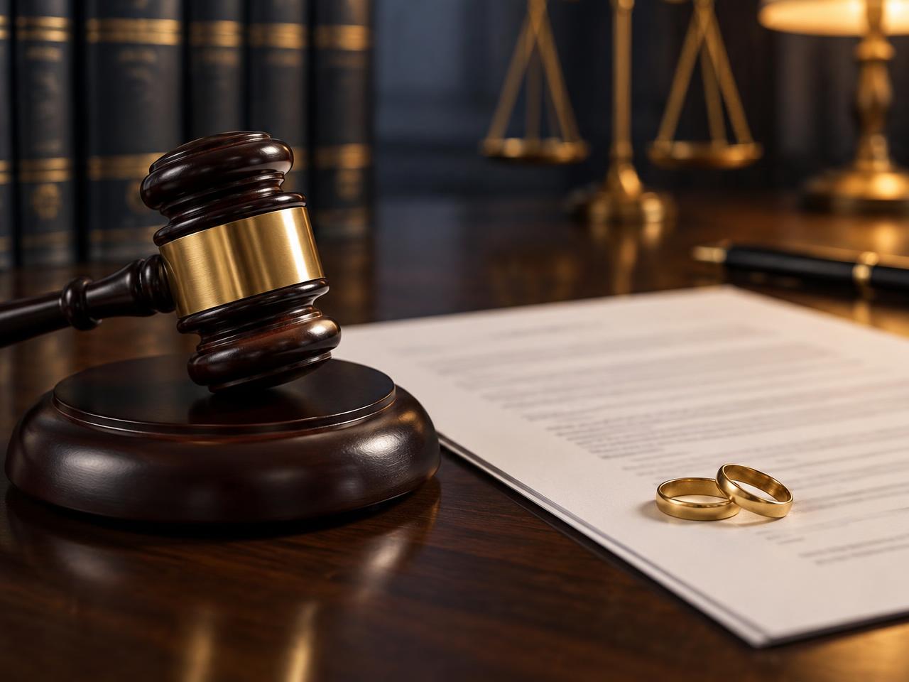 A judge’s gavel beside a final decree with two gold wedding rings resting on the document