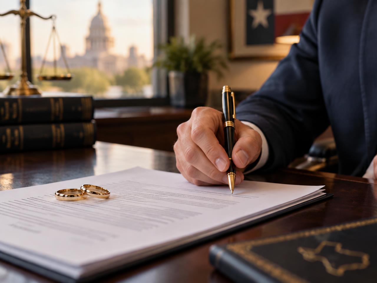 A hand with a gold-trimmed pen preparing to sign petition papers, wedding rings on the desk