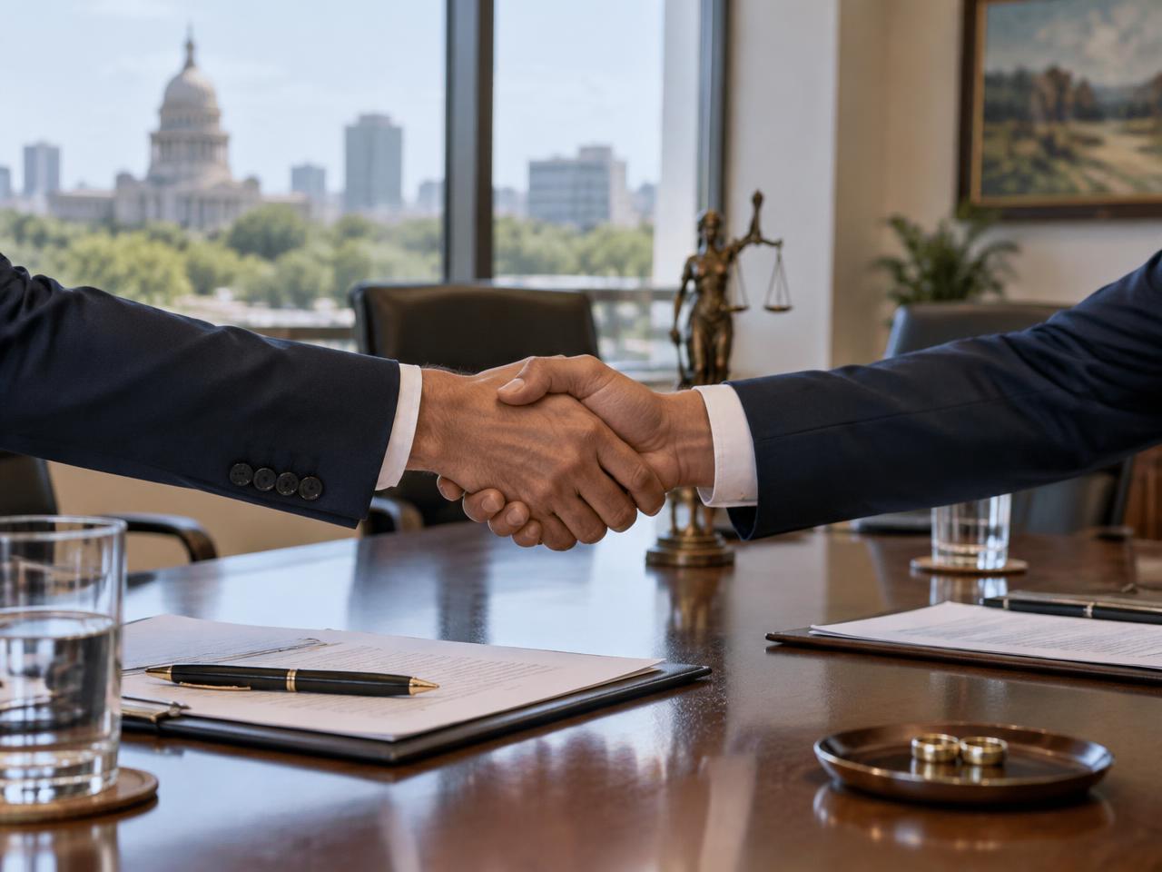 A handshake across a conference table during divorce mediation, with documents and glasses of water