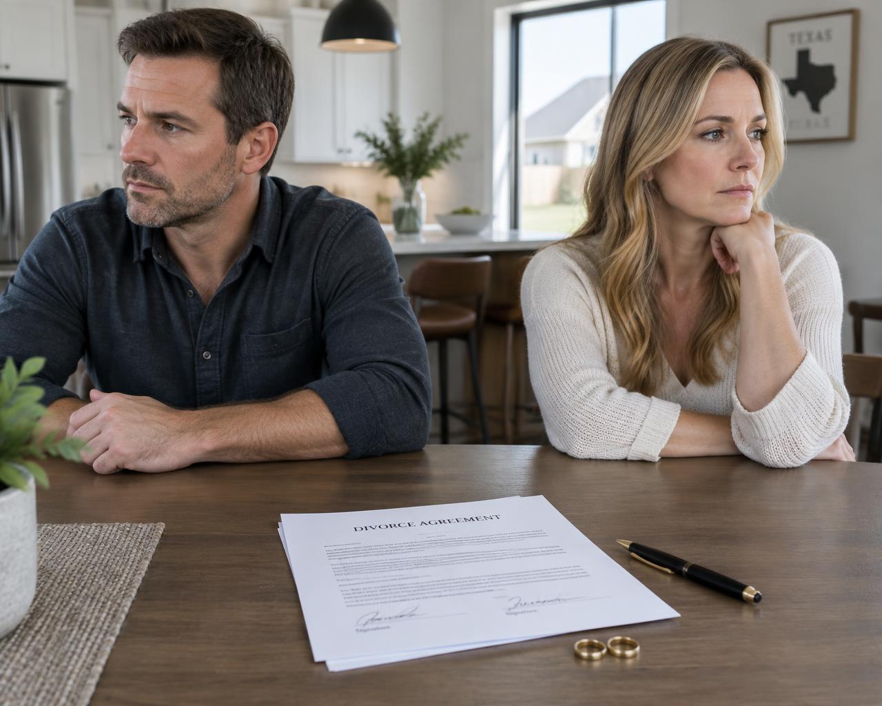 A couple sitting apart at a kitchen table with divorce papers and wedding rings in front of them