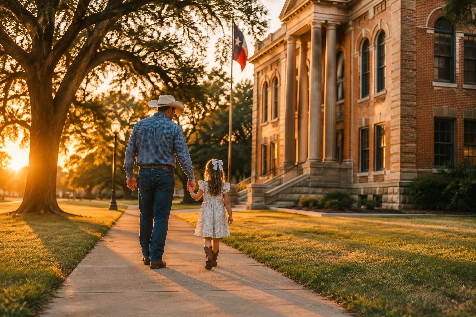 A father holding his daughter's hand walking outside a Texas courthouse at golden hour