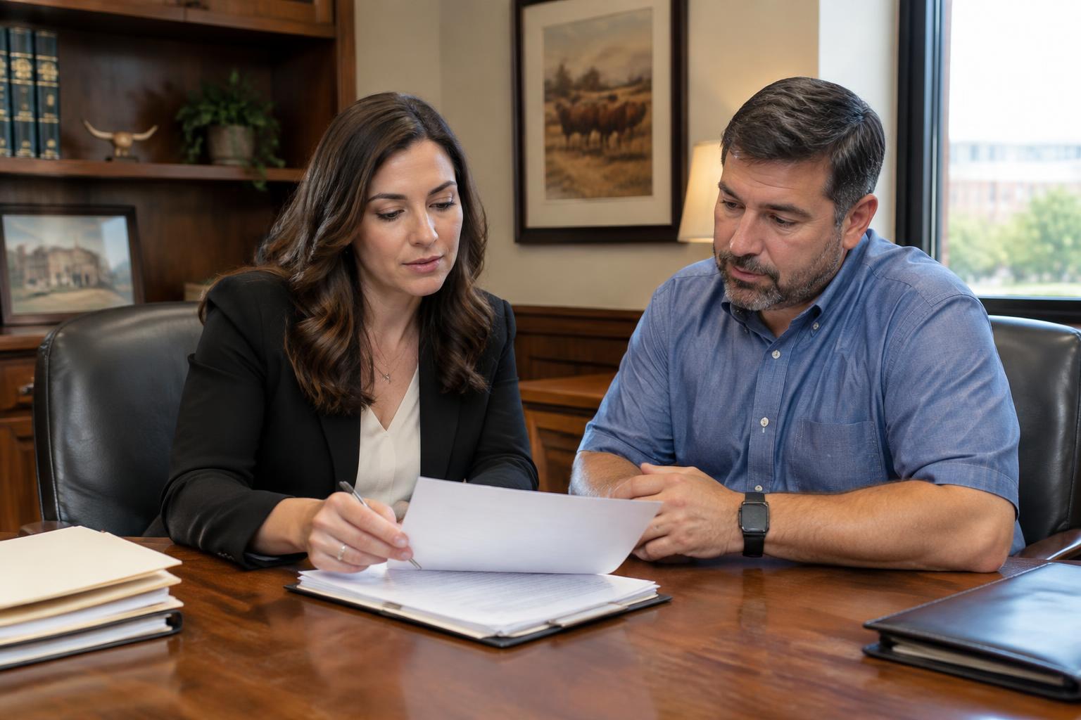 An attorney reviewing a legal affidavit with a father across a wooden desk in a Texas law office