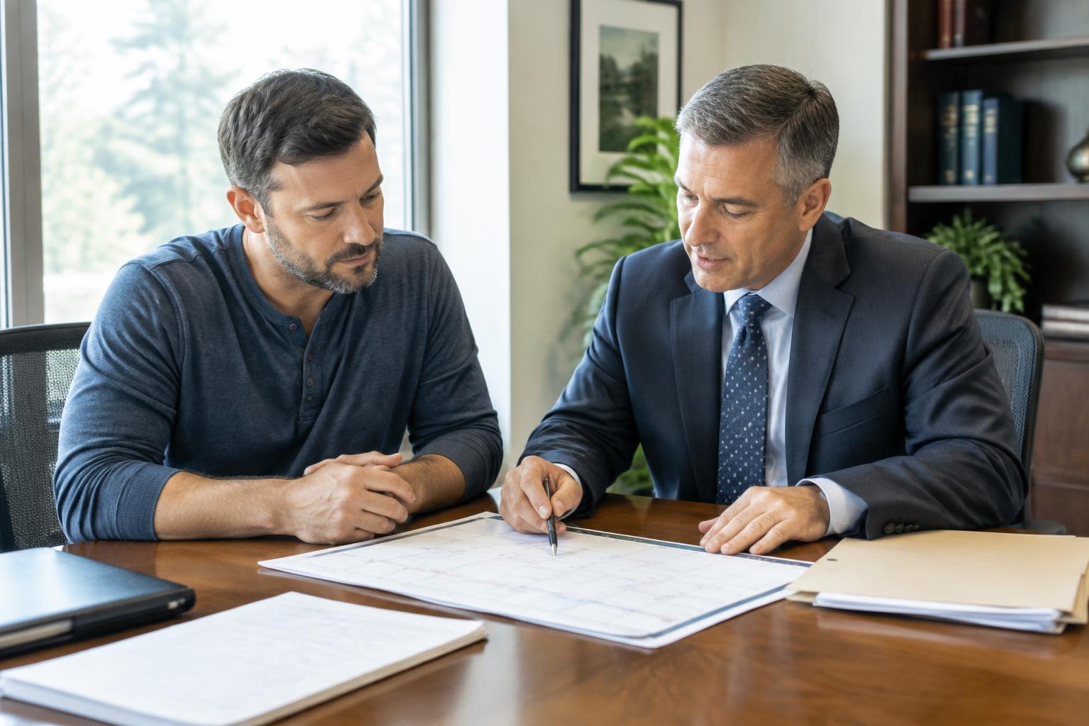 A father and his attorney going over a parenting calendar and visitation schedule at a conference table