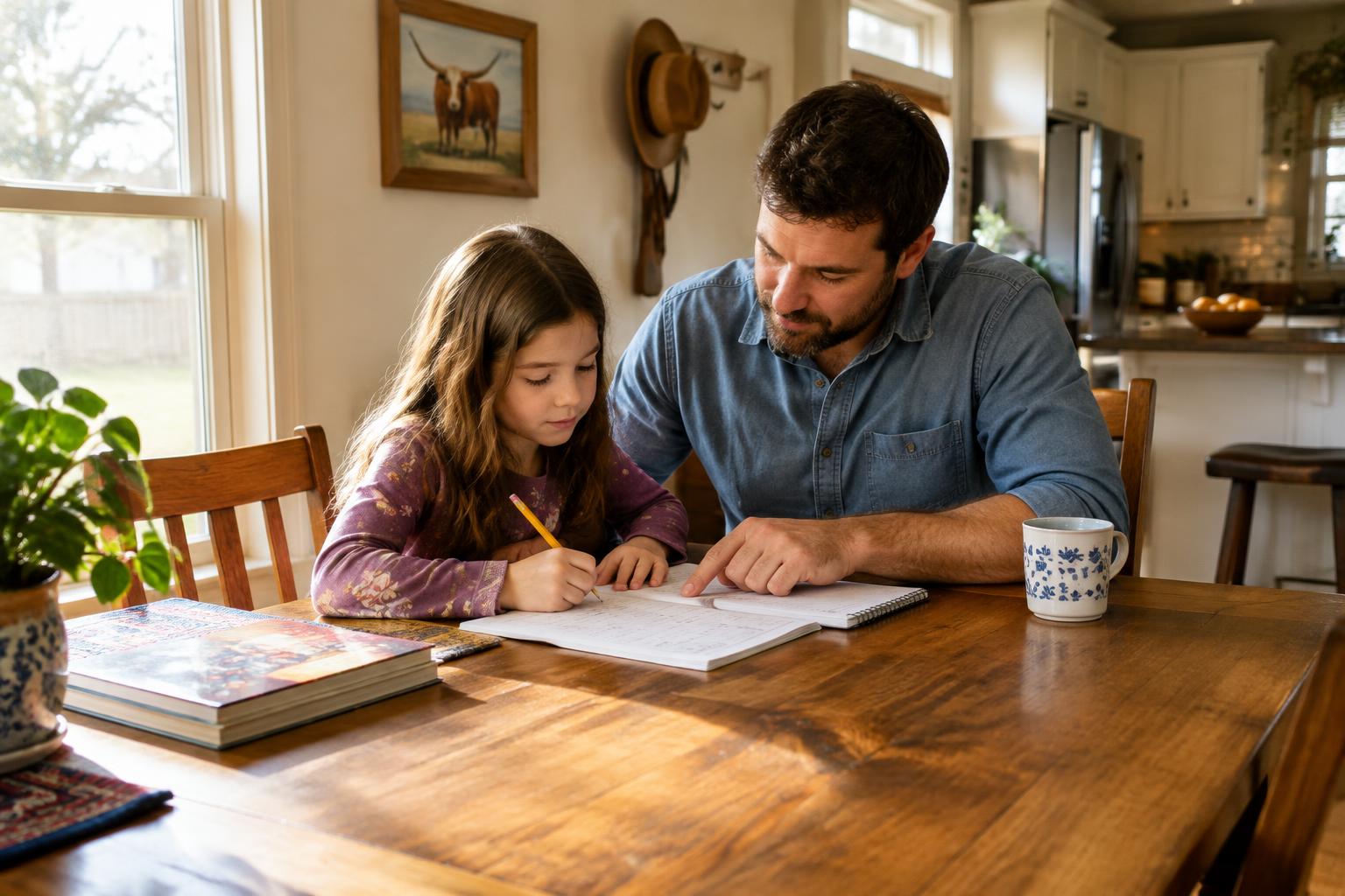 A father helping his young daughter with homework at a wooden kitchen table