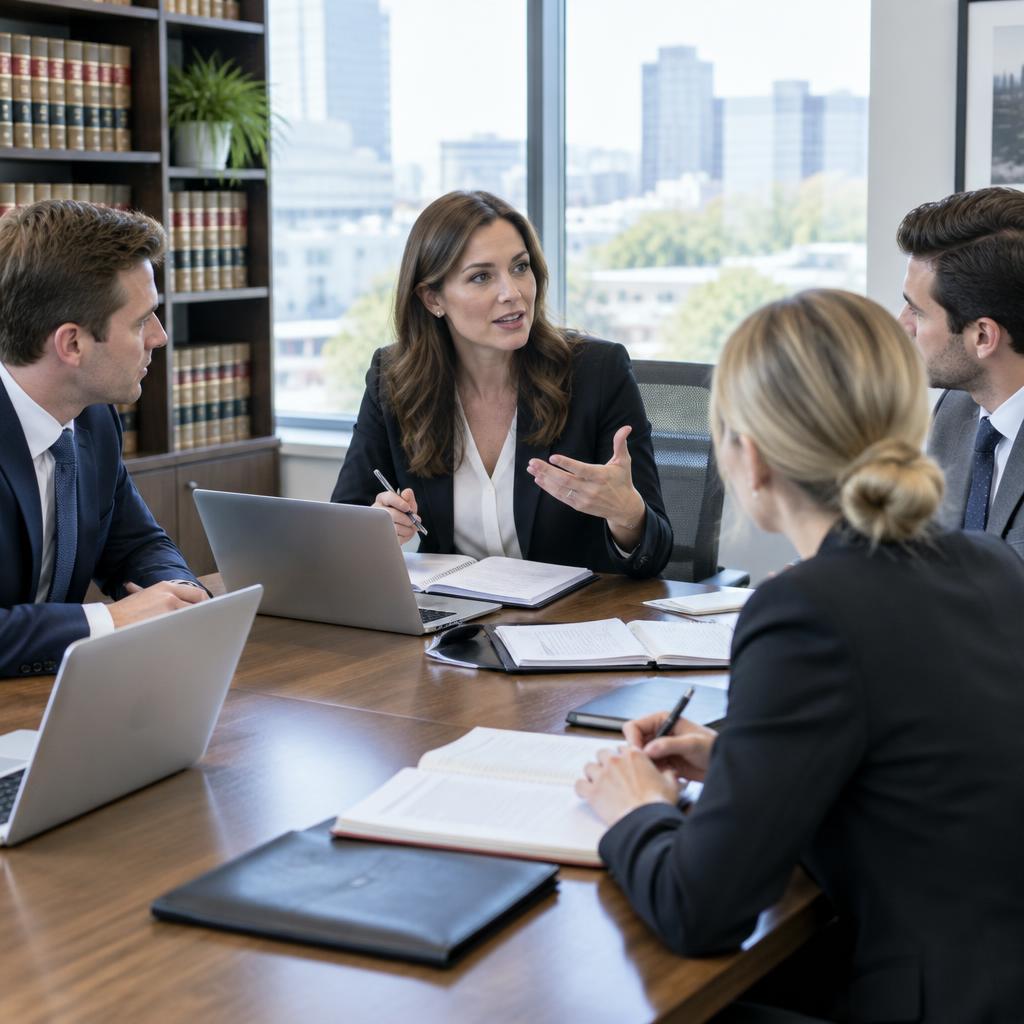 A legal team working through a case together around a conference table in a bright office