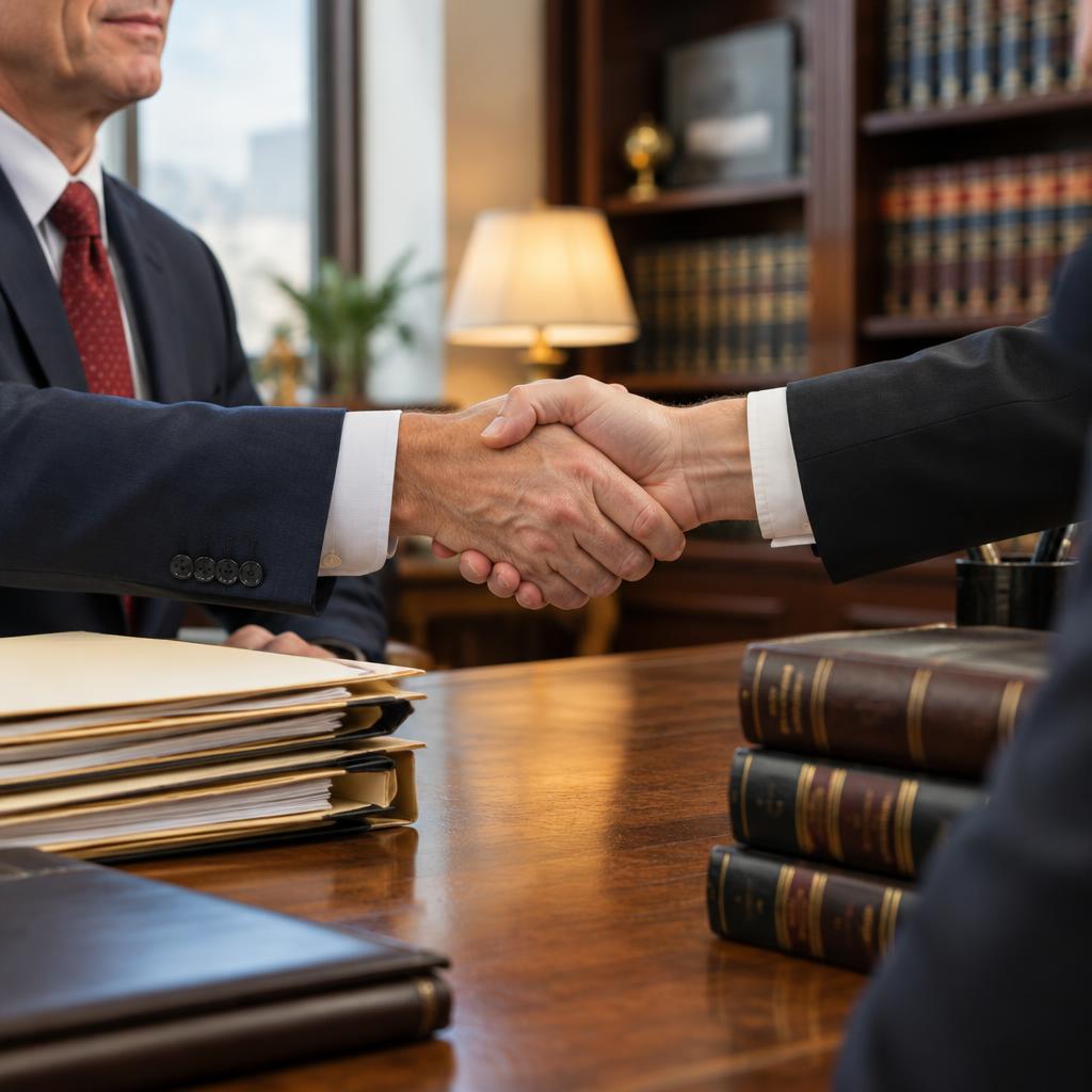 A firm handshake across a law office desk beside organized case files