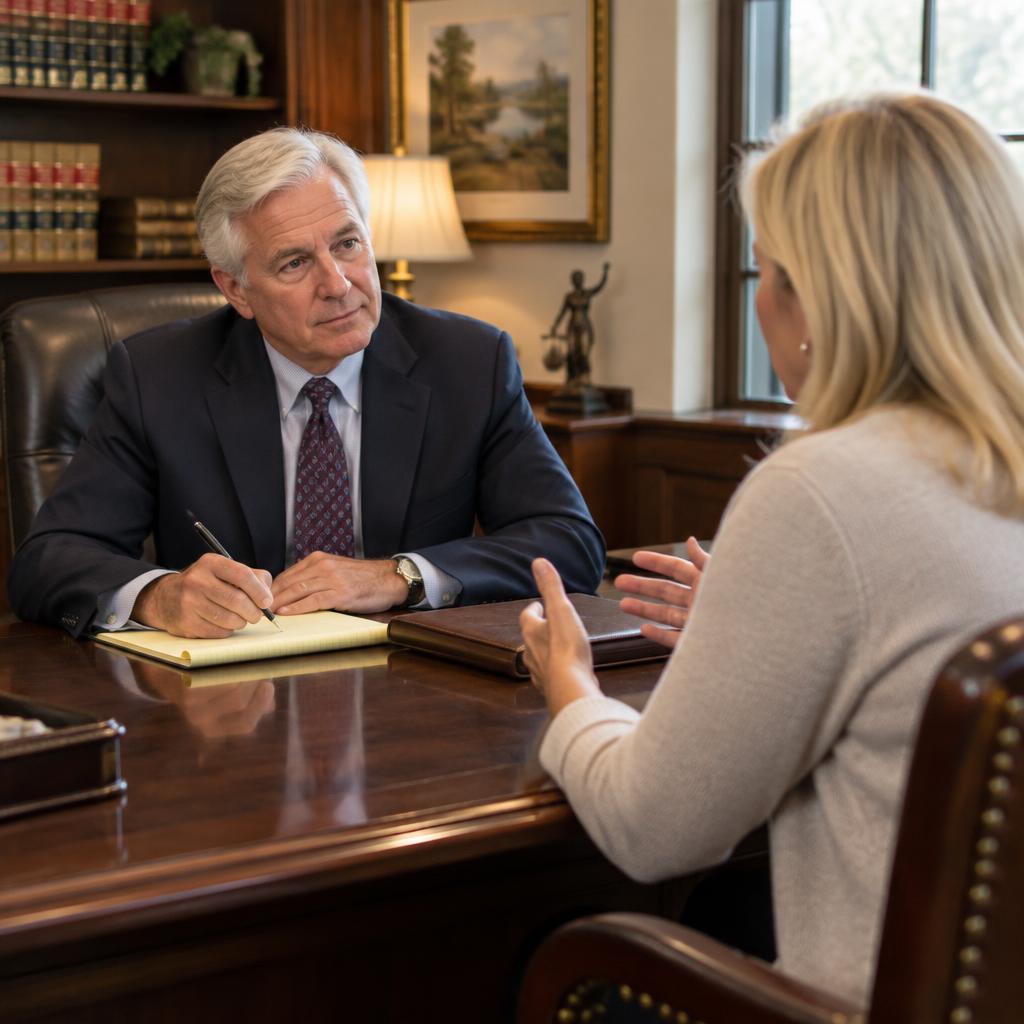 A senior attorney listening attentively to a client during a consultation