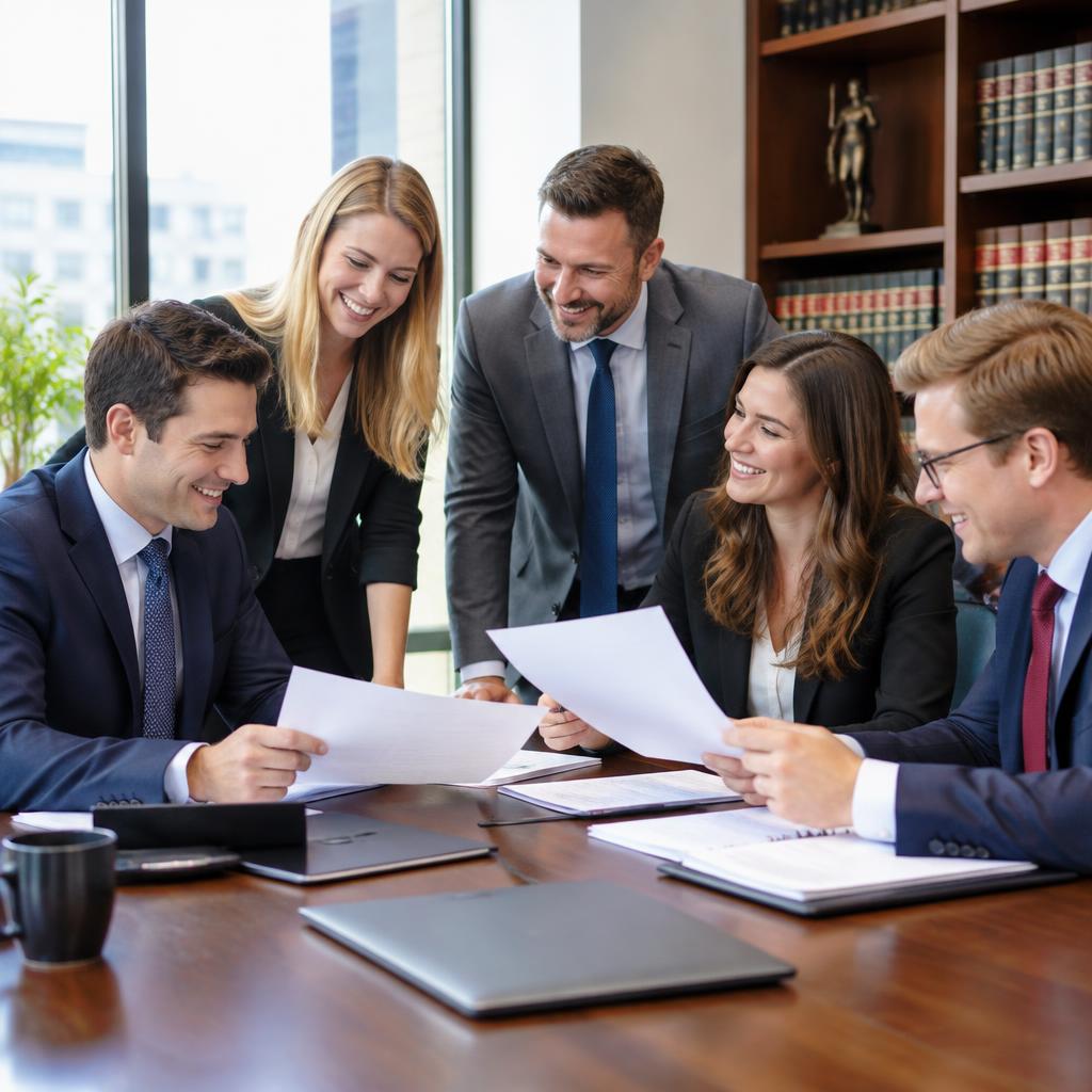 A smiling legal team reviewing documents together around a table