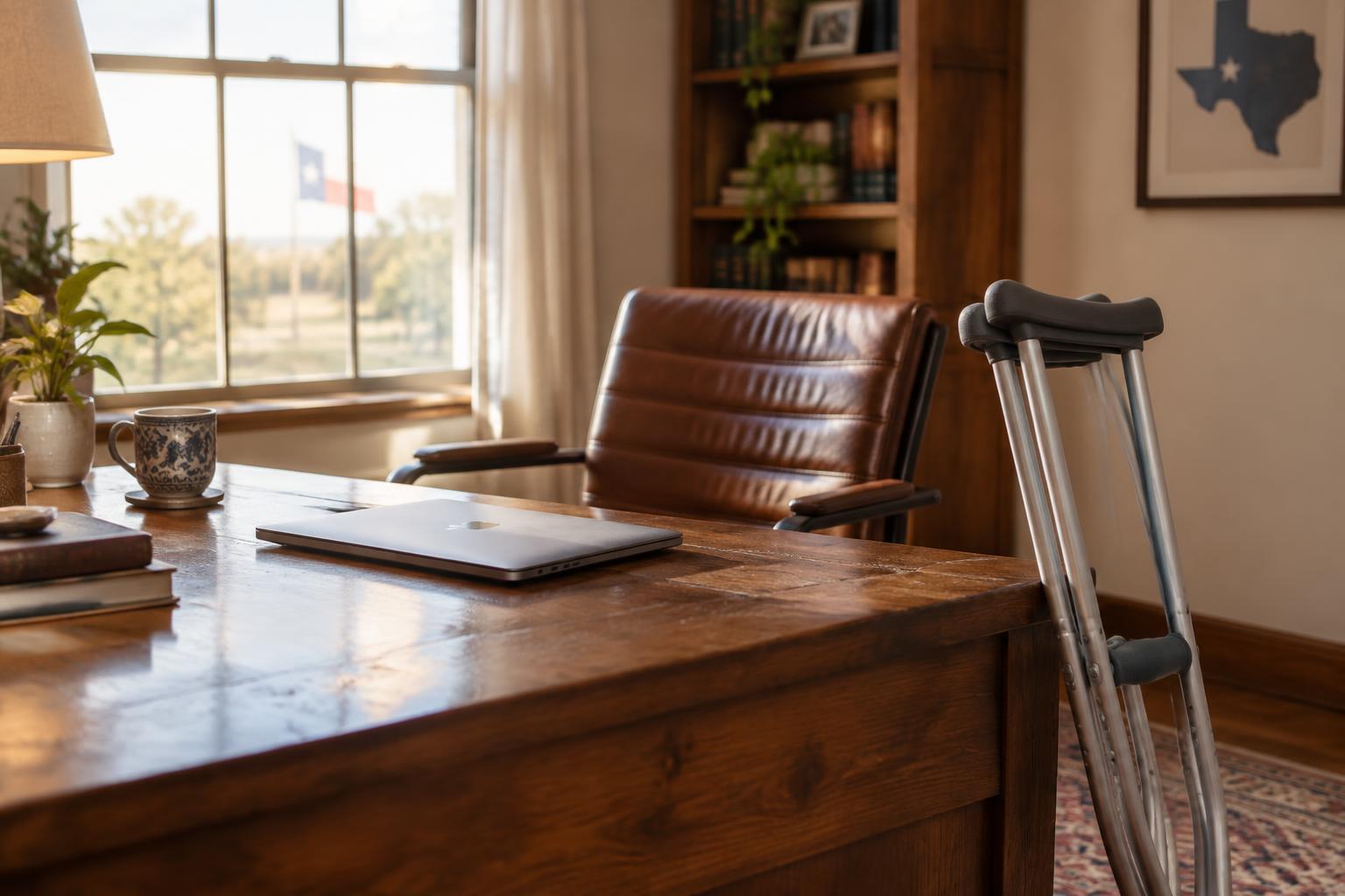 A closed laptop and an empty desk chair with a pair of crutches in a warm Texas home office