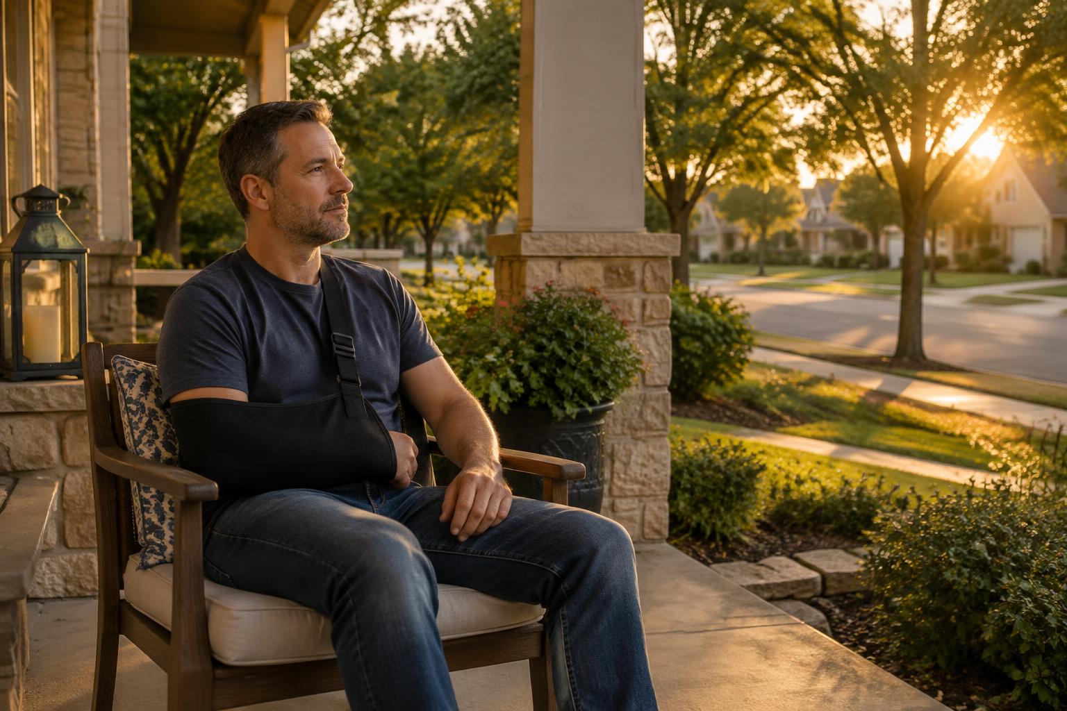 A man with his arm in a sling sitting on the porch of a Texas home at golden hour