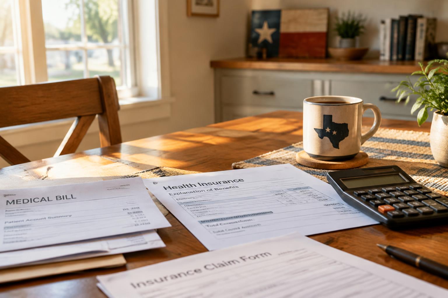 Medical bills, an insurance claim form, and a calculator spread across a wooden kitchen table in a Texas home