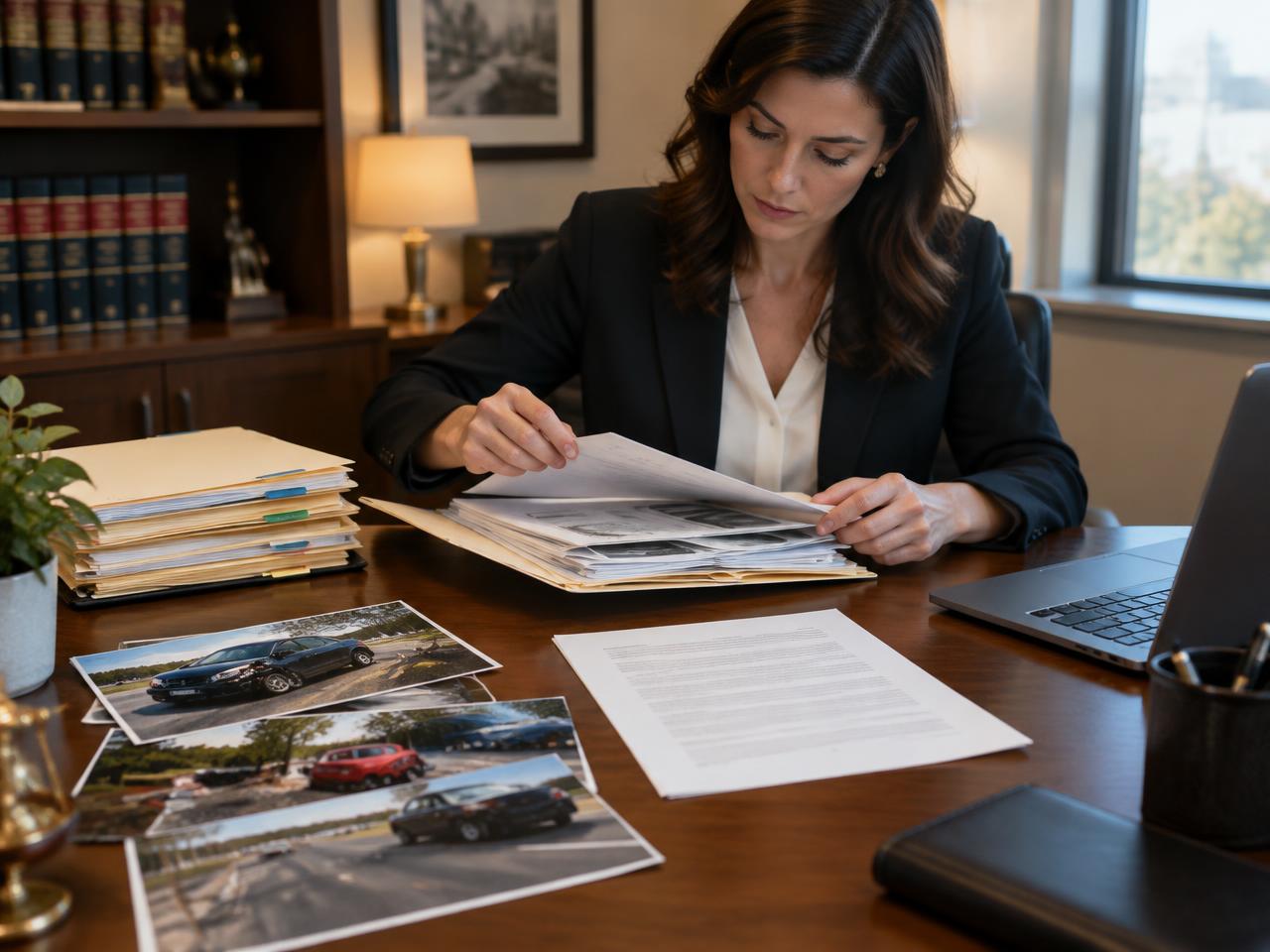 A female attorney organizing case files, accident photos, and a demand letter at her desk