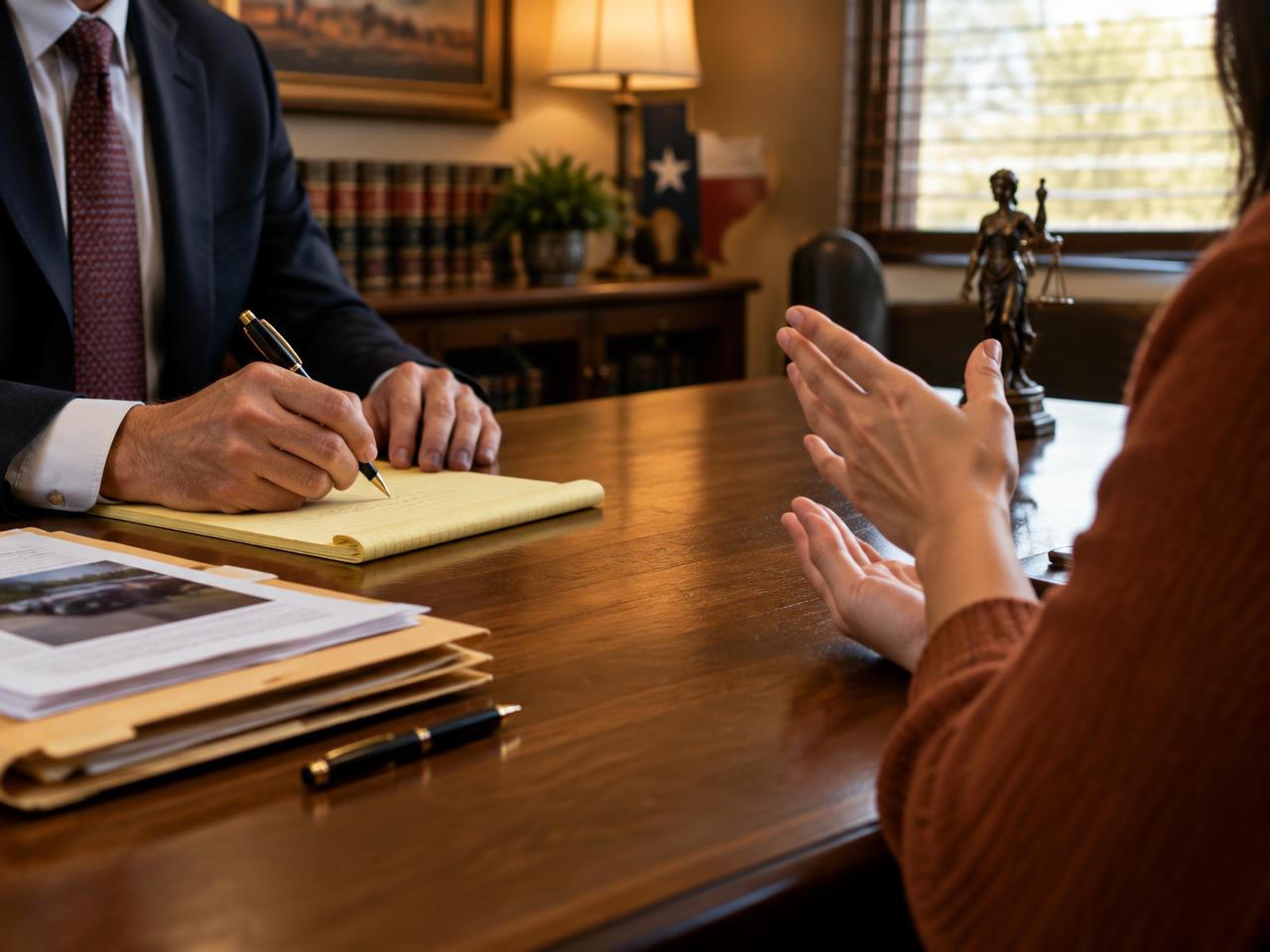 An attorney taking notes while a client describes their accident across a wooden desk