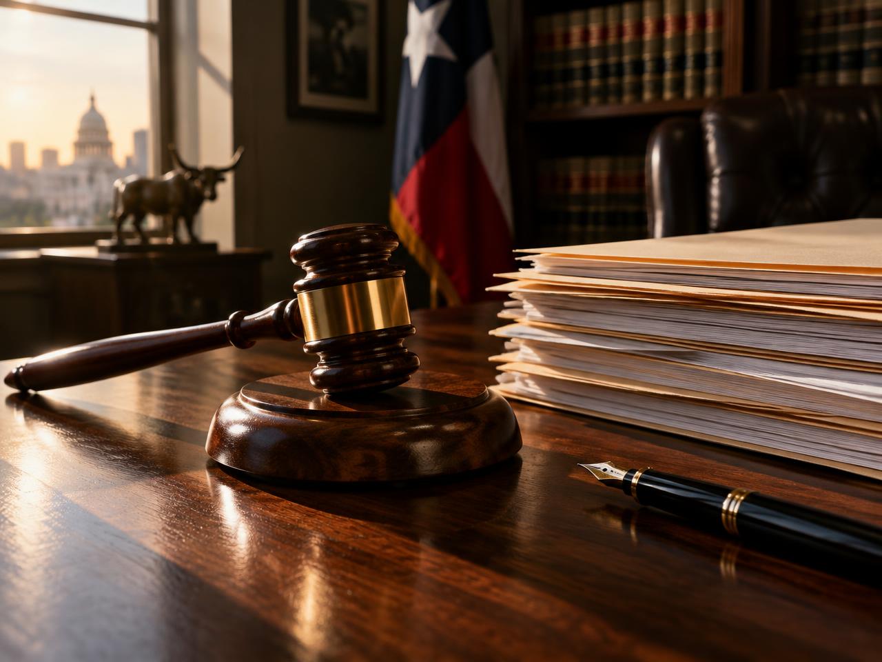 A wooden gavel resting beside a stack of legal documents on a dark desk